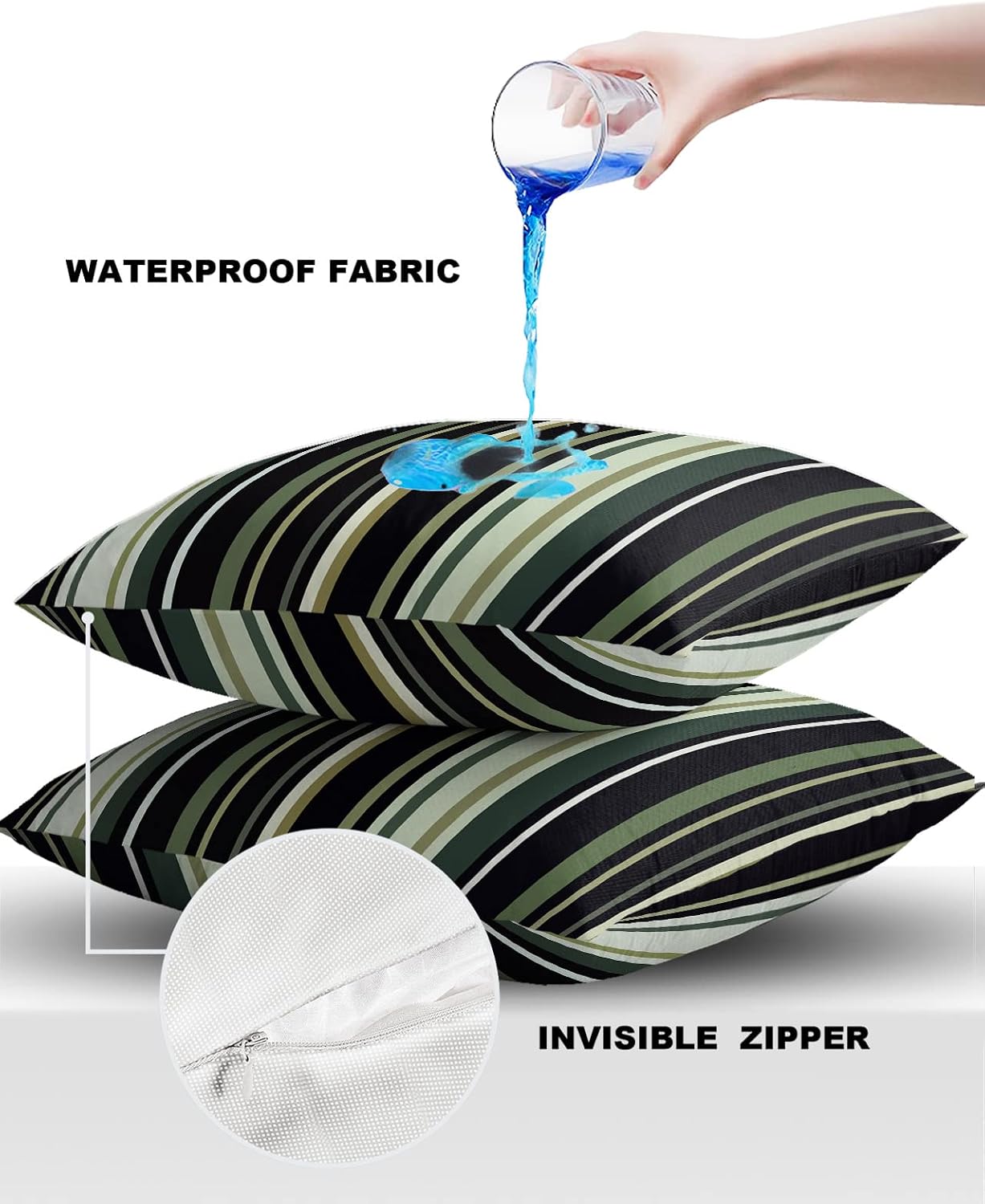 Outdoor Waterproof Pillow Covers for Patio Simple Stripe Decorative Throw Pillow Cover Black And Green Geometric Pattern Pillowcases Set of 2 Cushion Case for Sofa Couch Chair Home Decor 24x24 inch