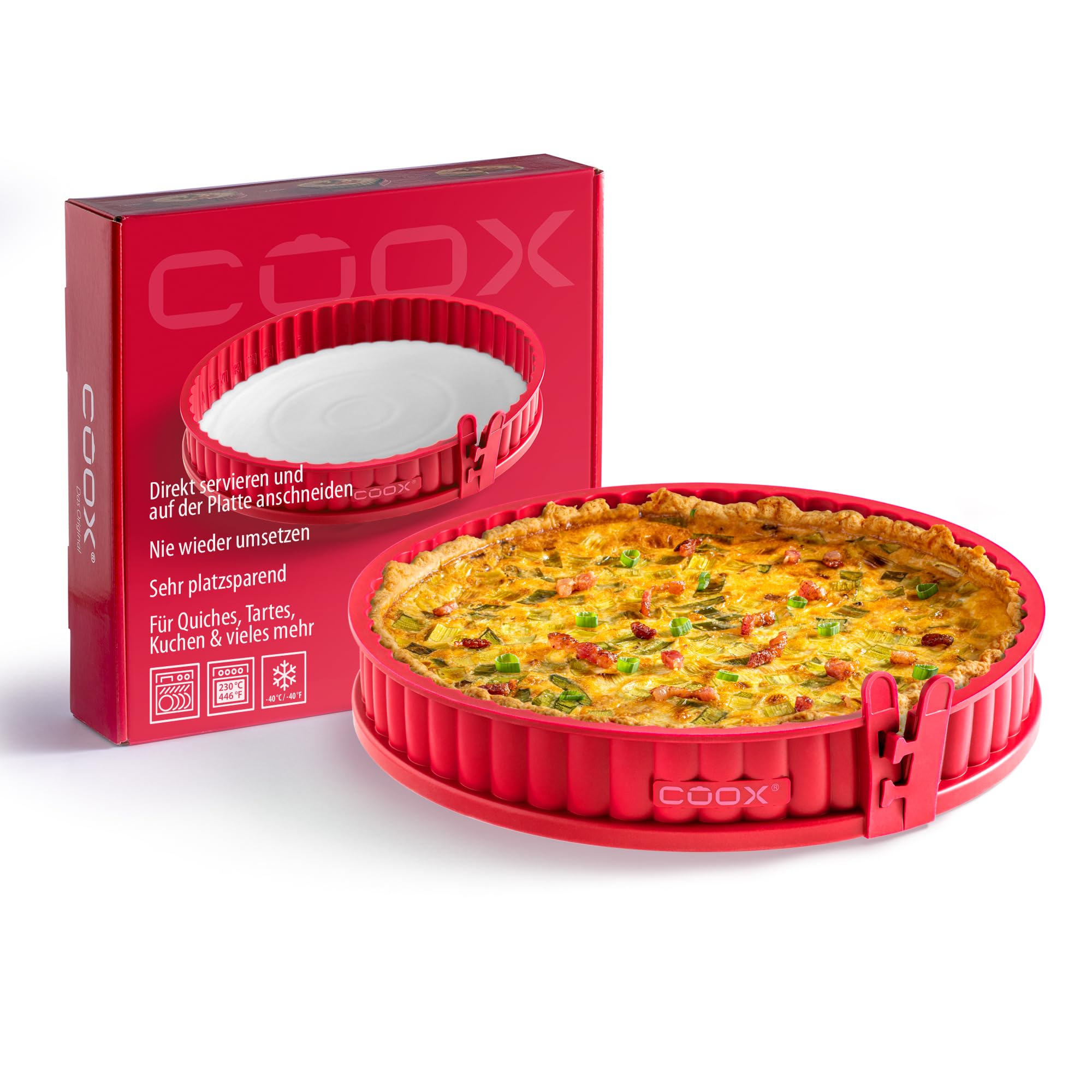 coox Moule à quiche avec fond en porcelaine de 26 cm de diamètre en rouge, cuire et servir et couper directement sur la plaque en porcelaine, pas besoin de le mettre en œuvre