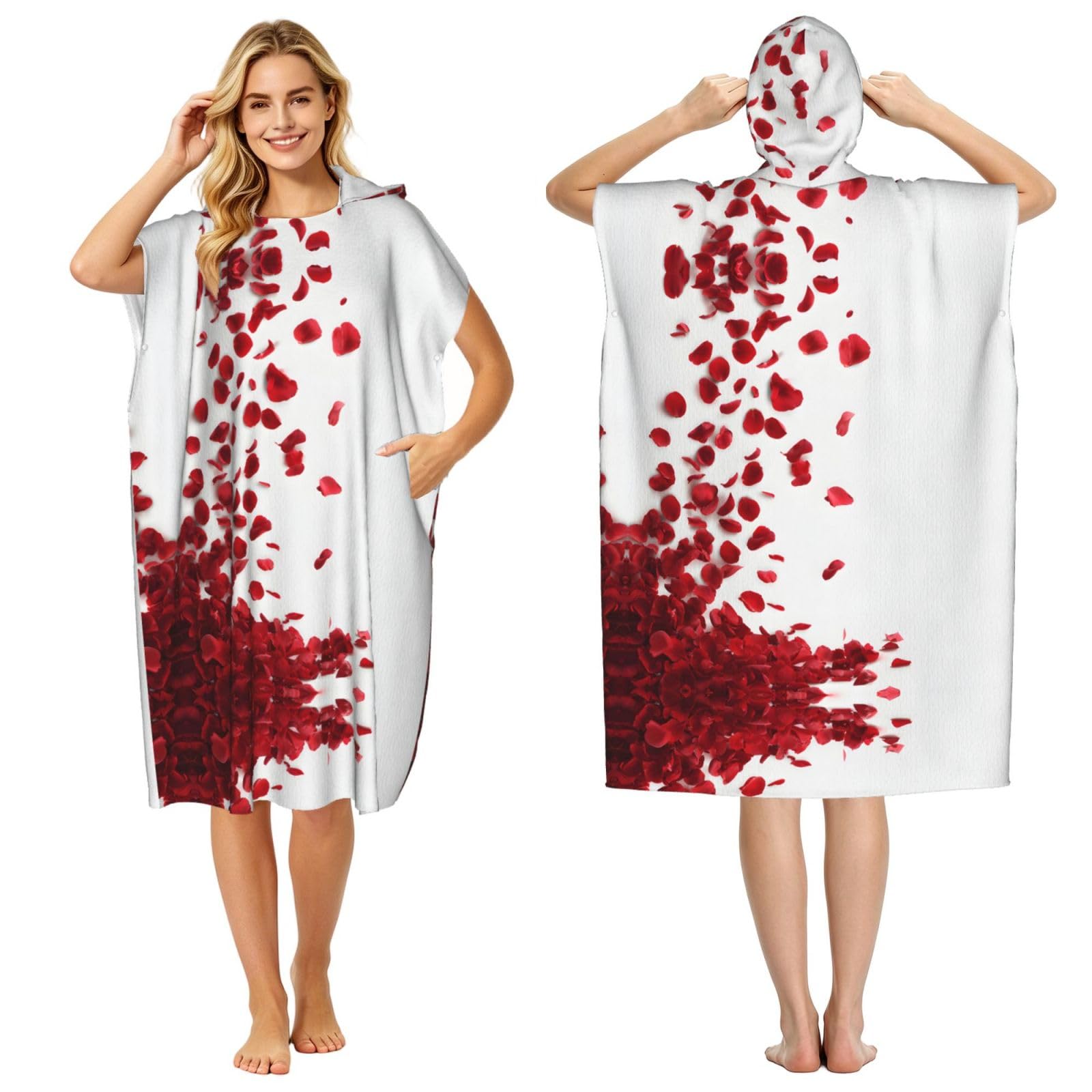 EZDLOWVBA Falling Rose Petals Print Hooded Poncho Microfiber Beach Towel,Adult Women & Men Changing Robe,Lightweight Summer Surf Swim Bath Poncho Towel