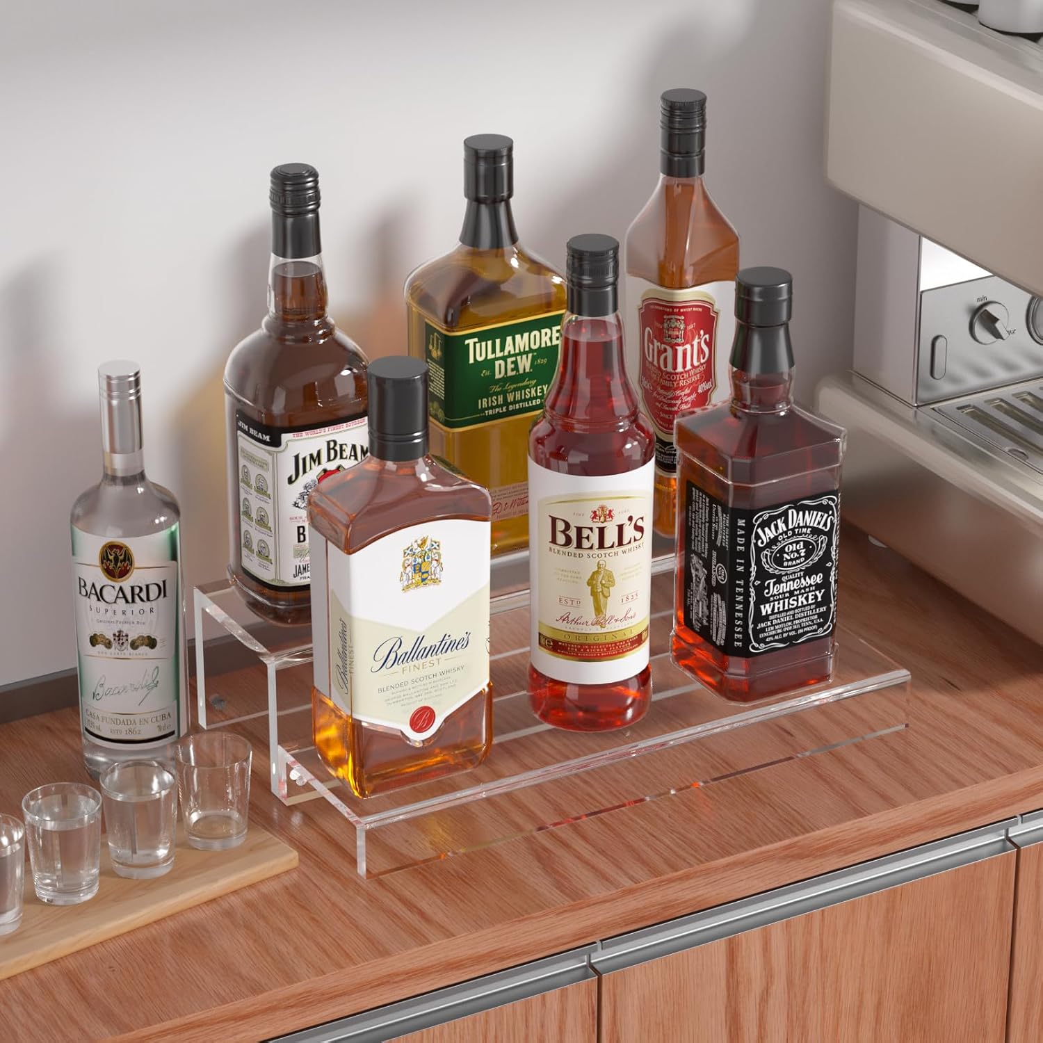 JUESHA 2 Tiers Bar Shelves for Liquor Bottles, 15" Bar Organizer for Countertop, Clear Acrylic Risers Display Racks Stands for Figures Pops Cupcake Perfume Collections (Patent: D1076520S)