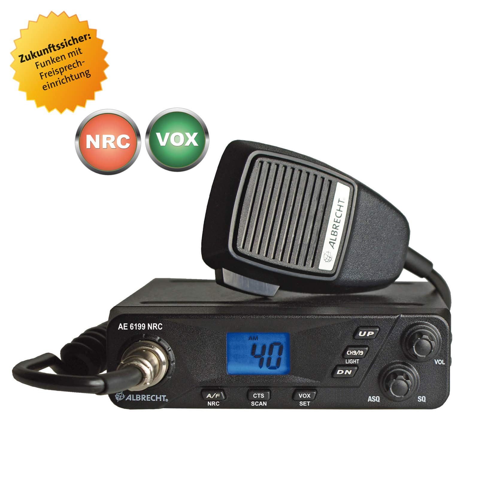 Albrecht AE 6199 NRC CB radiotelefon + CBM-516 magnetyczna antena nożna, kompletny zestaw, 12699.S6, CB z wbudowaną funkcją VOX i filtrem szumów NRC, w zestawie magnetyczna antena nożna