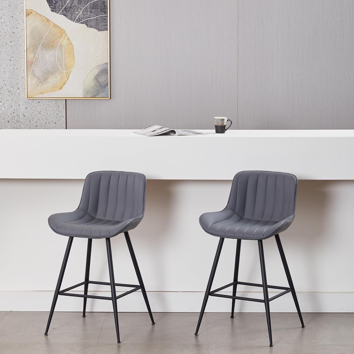 Bar Stools Set of 2, Faux Leather Counter Height Barstools with Back and Footrest, Modern Bar Chairs for Kitchen Island Home Bar, Grey