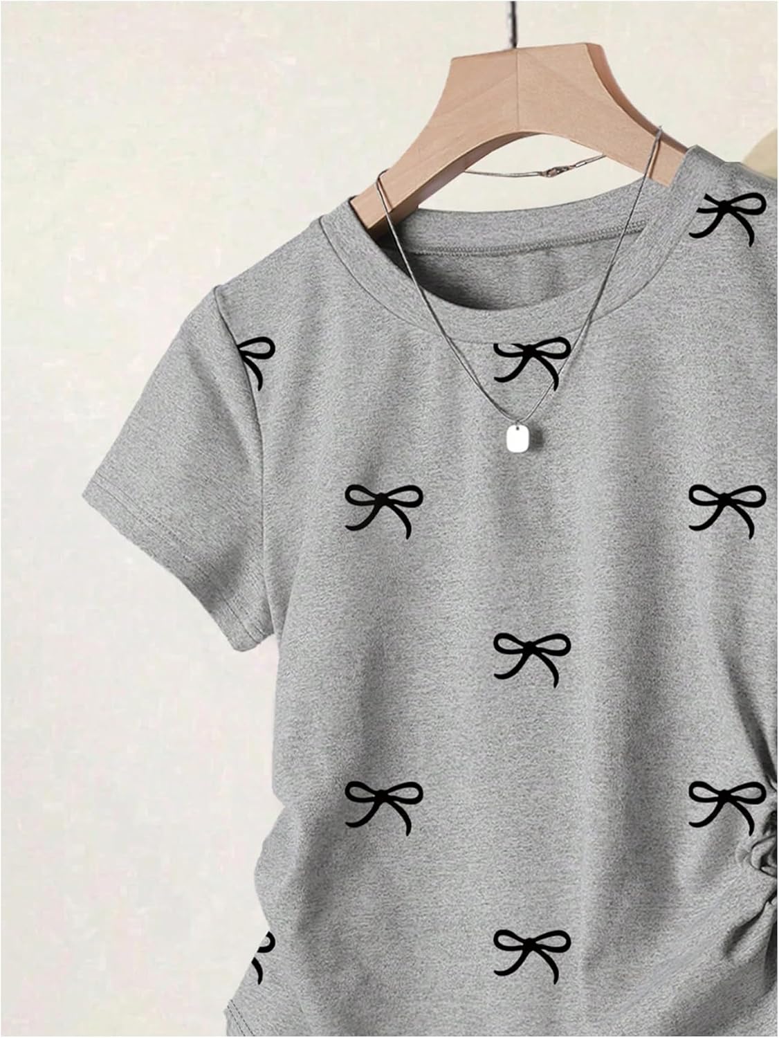 OYOANGLE Girl's Bow Print Short Sleeve Tshirts Crew Neck Side Ruched Tee Shirts Summer Graphic Tees - Image 2