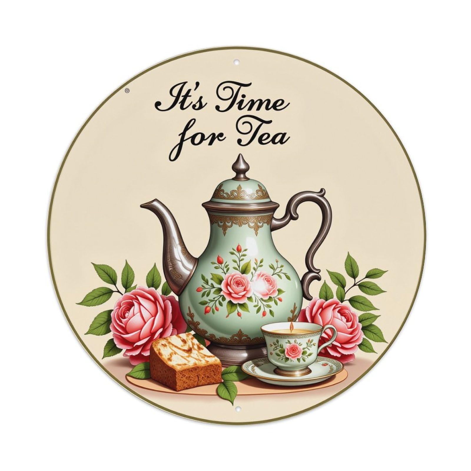 Tea Pot Roses Cake Cup Round Tin Sign Retro Metal Sign for Cafe Bar Pub Home Game Room Gym Club Wall Decoration Vintage Metal Poster 8x8 Inch