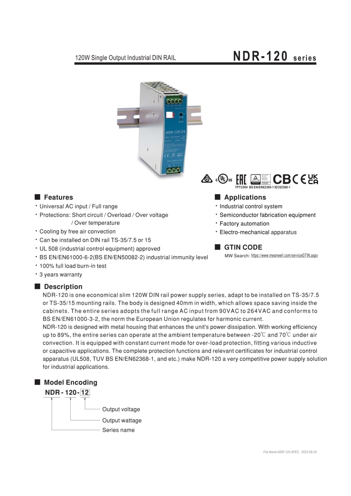 Alimentatore industriale for guida DIN NDR-120-48 DC 48V 2,5A 120W a singola uscita