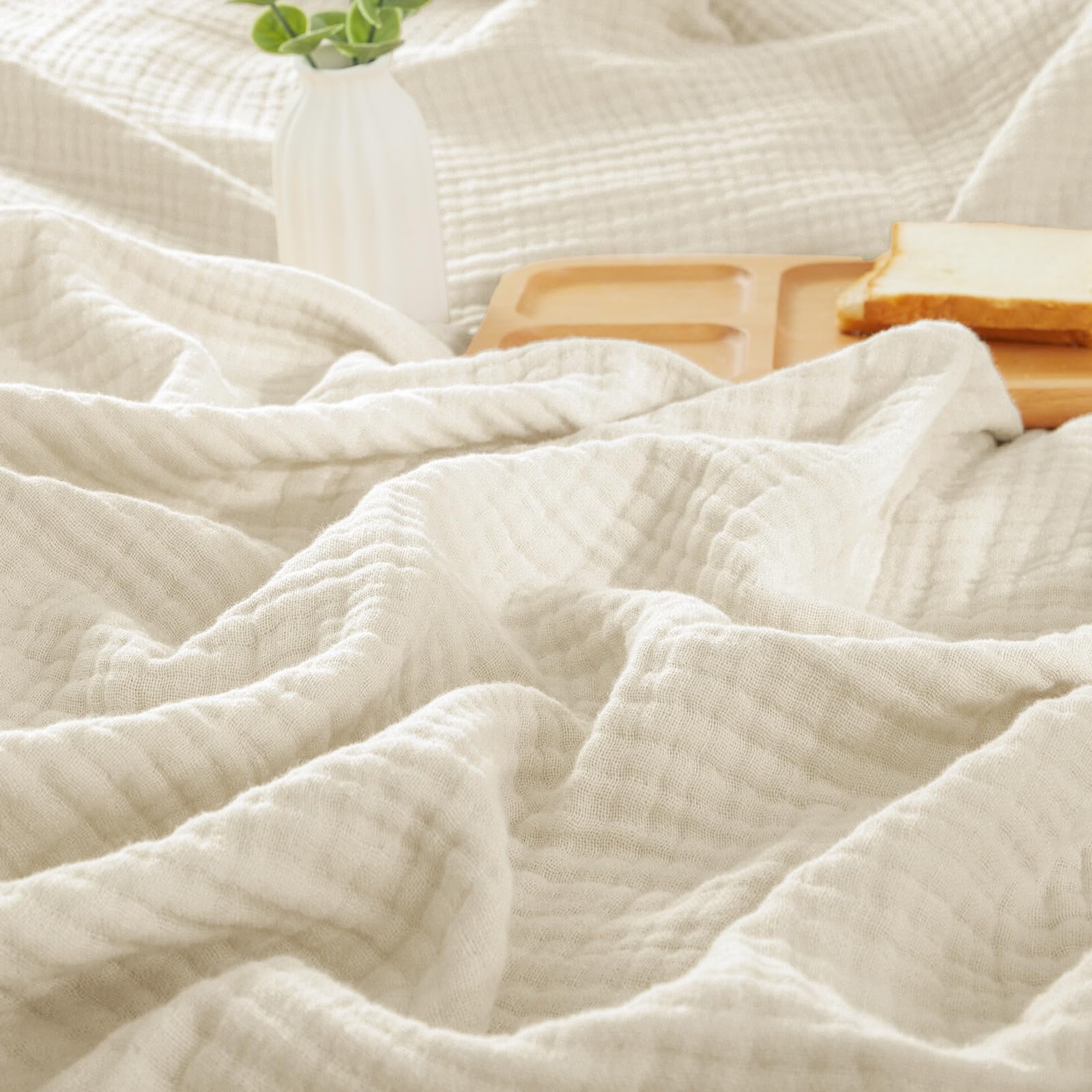 phf 100% cotton muslin blanket queen size 90"x90", 4-layer lightweight gauze throw, breathable cloud-soft minimalist blanket for bed, couch, camping & baby, birch, ideal gift