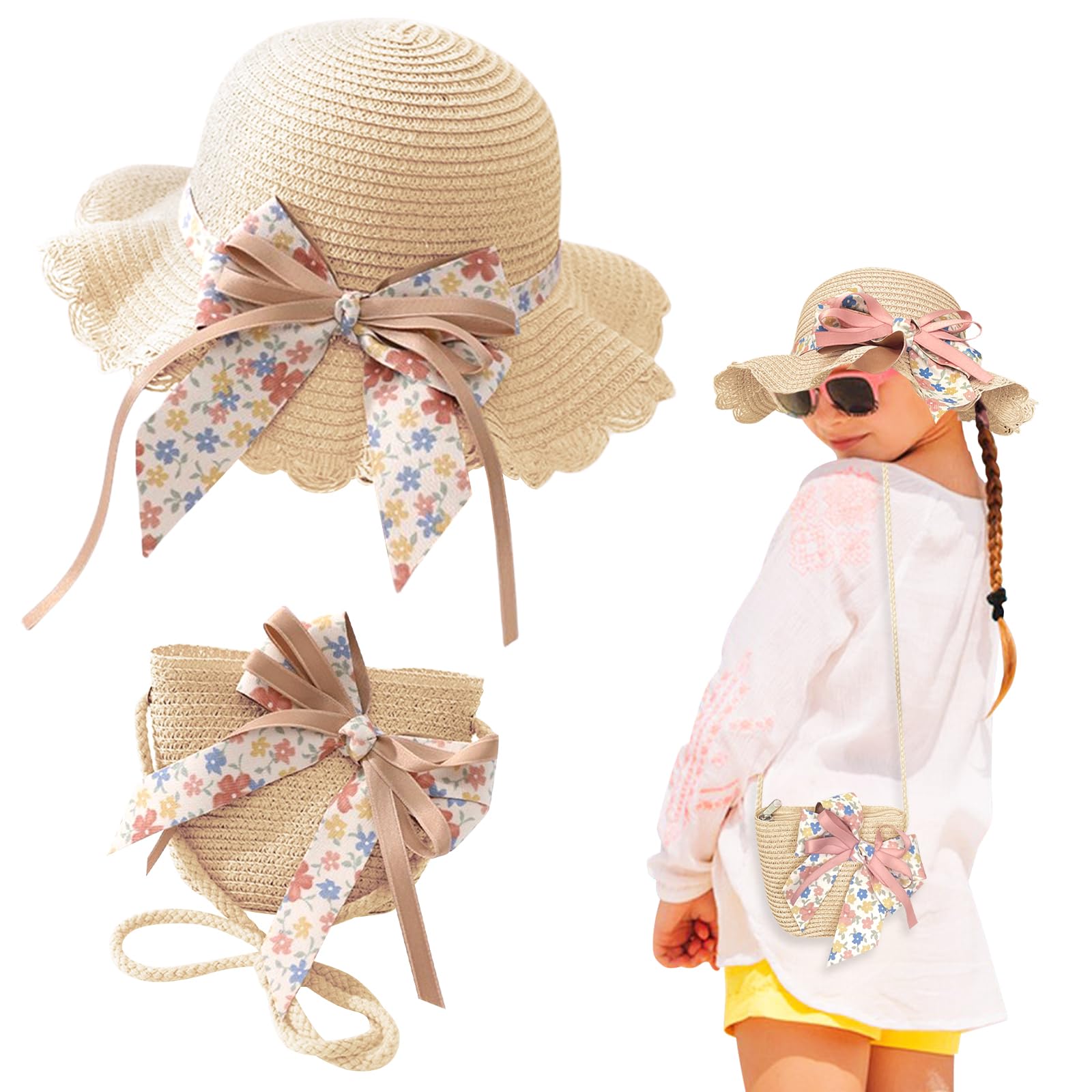 Kunyeah Niñas Sombrero de Paja con Bolsa Gorra de Sol para niños Sombrero Plegable Niña Gorra de Playa con protección Solar