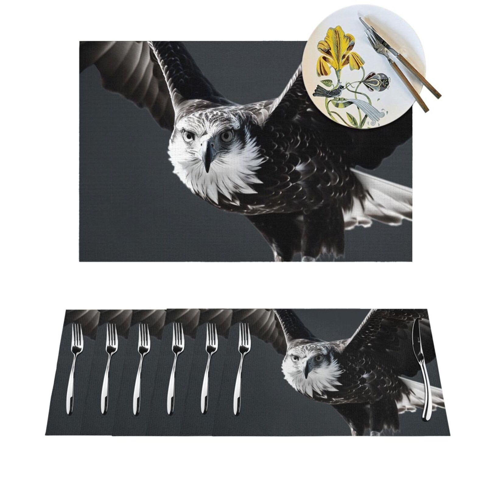 Set de table cuisine PVC lavable tapis de table résistant chaleur motif aigle noir blanc x6