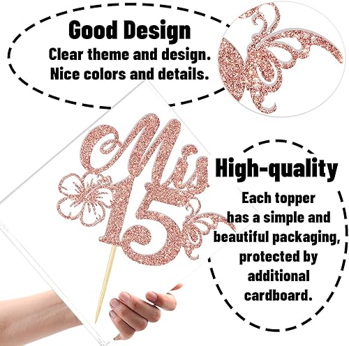 Miniatura 6 de Decoración para tartas Mis 15, Feliz 15 Anos/Mis Membrillo Anos, decoración de fiesta de cumpleaños de 15 años para niñas, purpurina de oro rosa