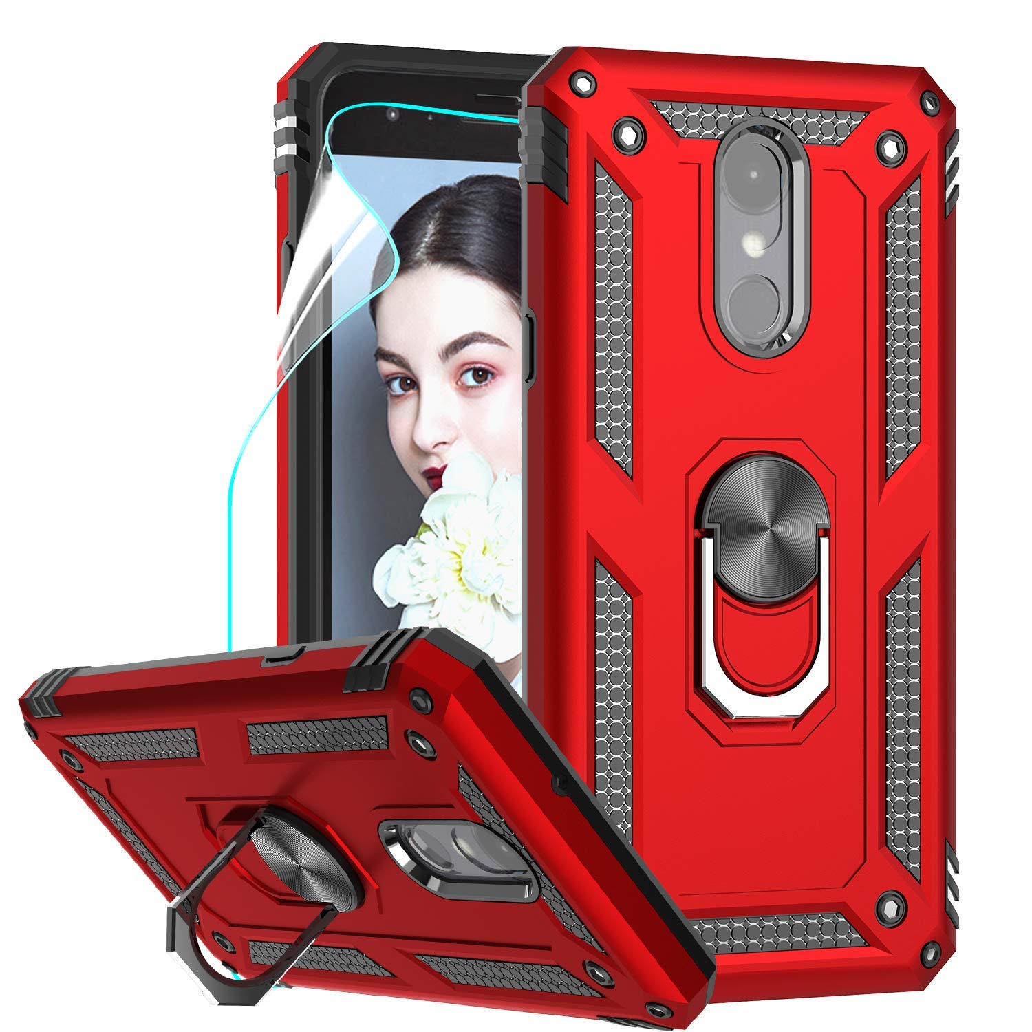 LeYiLG Tribute Empire Case,LG Aristo 3/Aristo 2/Rebel 4 LTE/Aristo 2 Plus/Phoenix 4/Tribute Dynasty/Zone 4 Phone Cases with HD Screen Protector, Magnetic Car Mount Ring Holder Stand Cover, Red