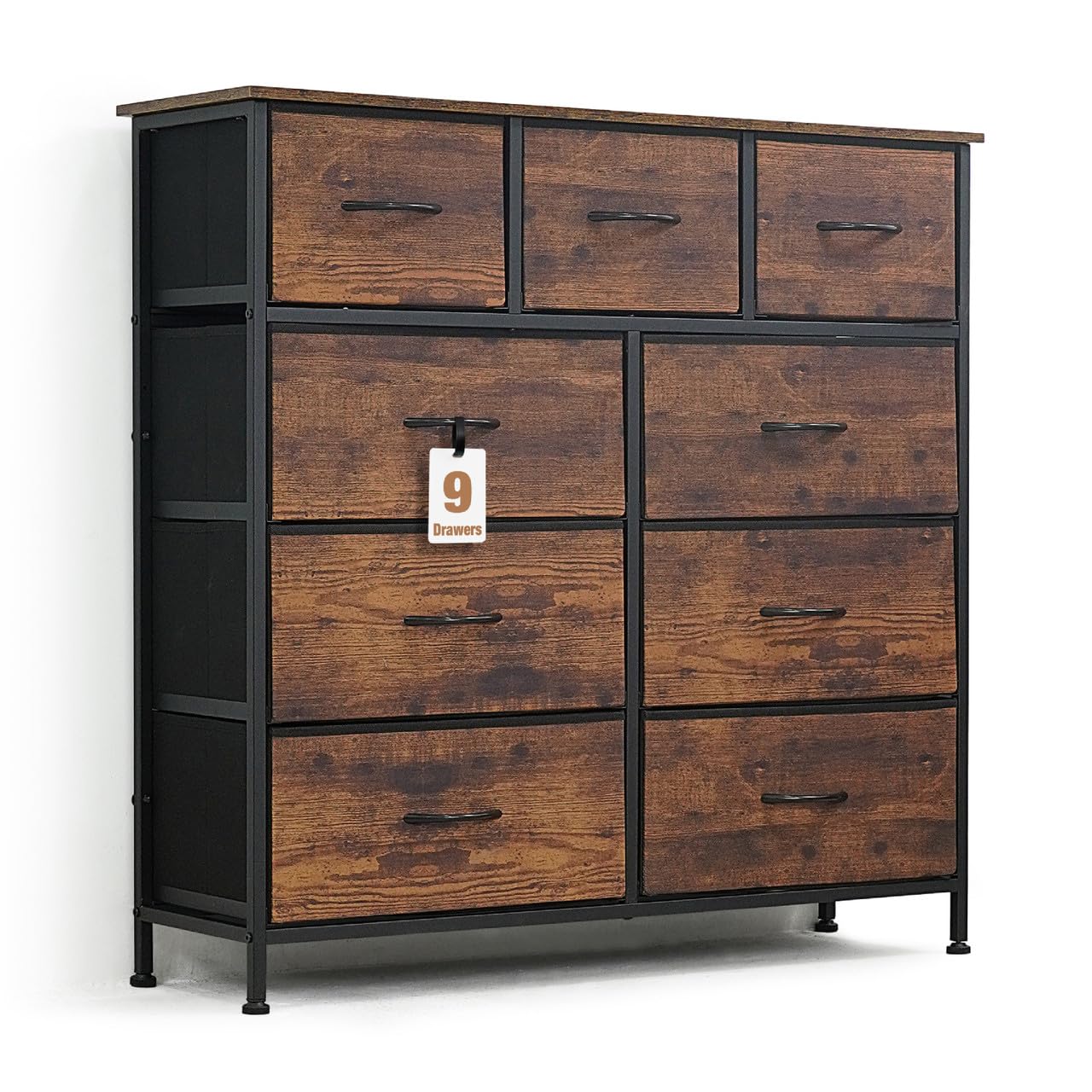 CAPHAUS Drawer Storage Tower w/ 9 Fabric Bins, Laundry Storage, Sorting Unit, Chest of Drawers, Organizer w/ P2 Board Top & Fabric Bins, Organizer