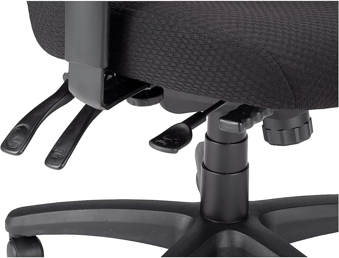 Close-up of chair adjustment levers on the left side