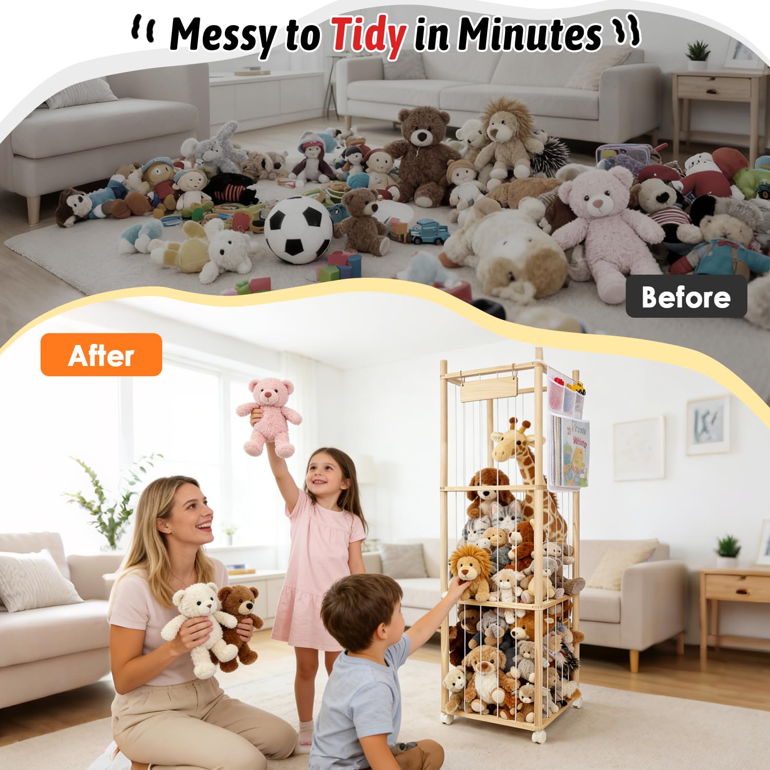 Stuffed Animal Storage Organizer, Wooden Zoo Stuffed Animal Holder with Wheels, Large Capacity Organizer with Storage Bag, Toy Organizer with Elastic Cords for Playroom, Bedroom, Nursery