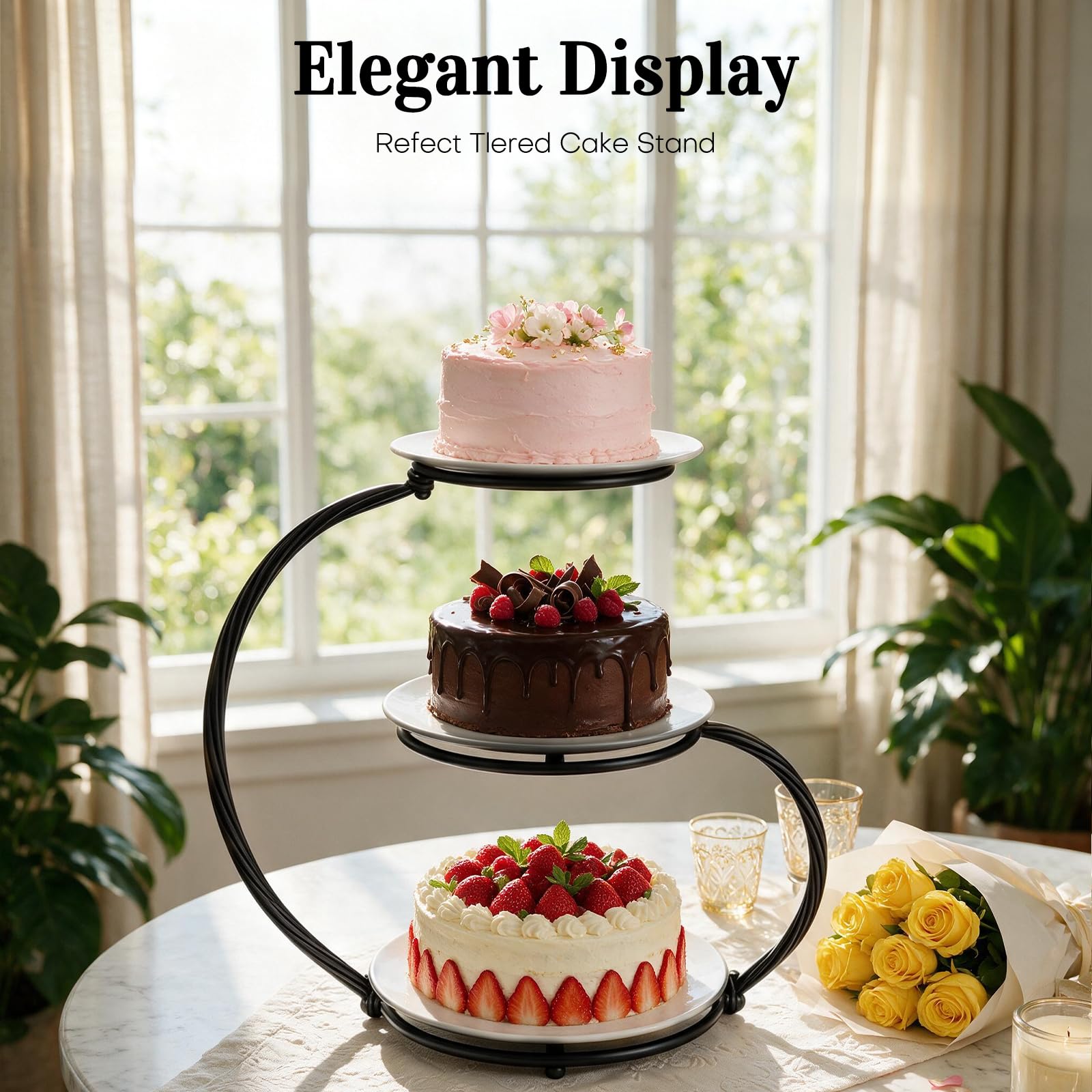 Présentoir à gâteaux vintage à 3 étages en fer noir pour mariage, anniversaire, fête prénuptiale et goûter l'après-midi