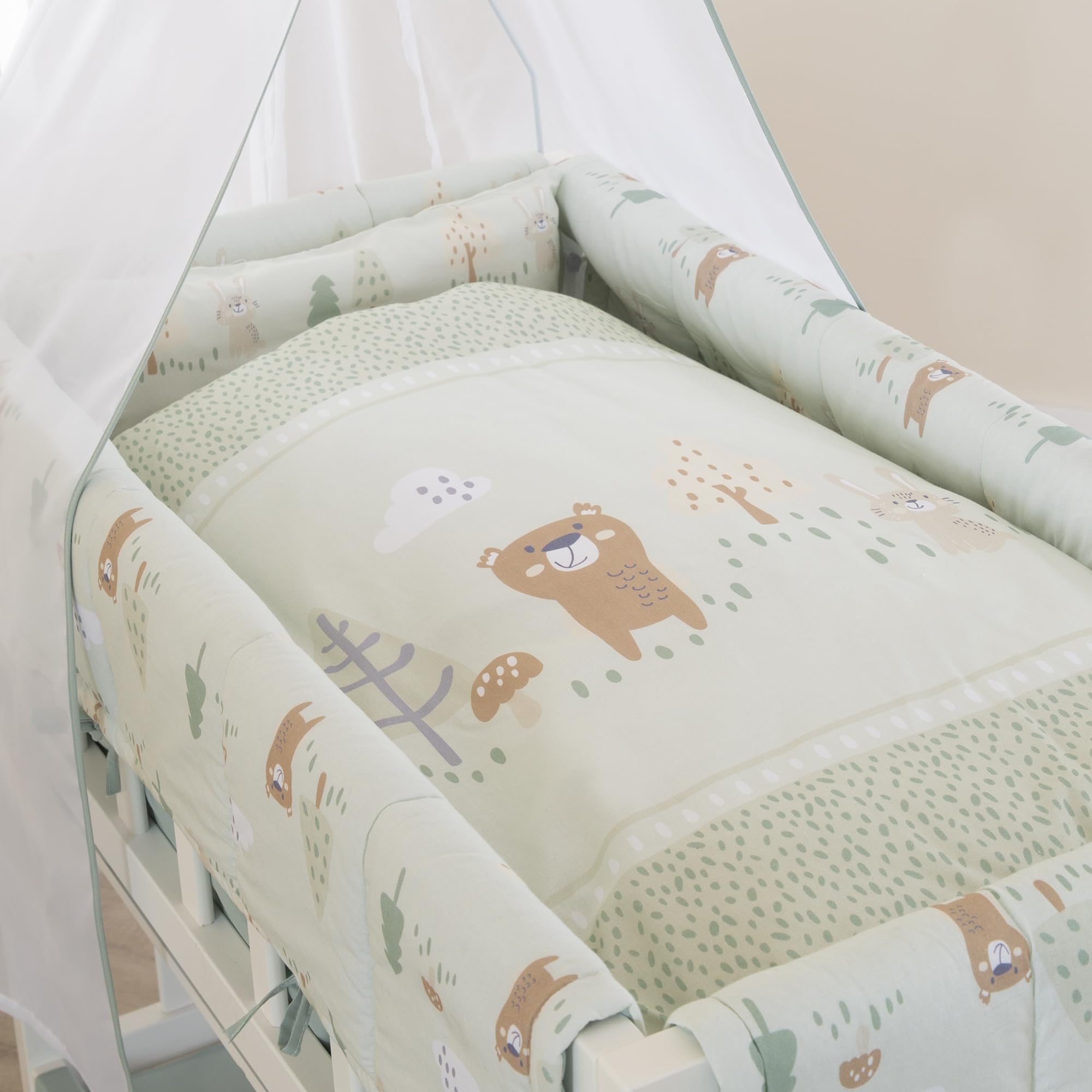 roba Biancheria per Culla Woodland Buddies - Piumino 80 x 80 cm + Federa 35 x 40 cm - Cotone Morbido - Verde Pastello con Orso, Coniglio & Ape