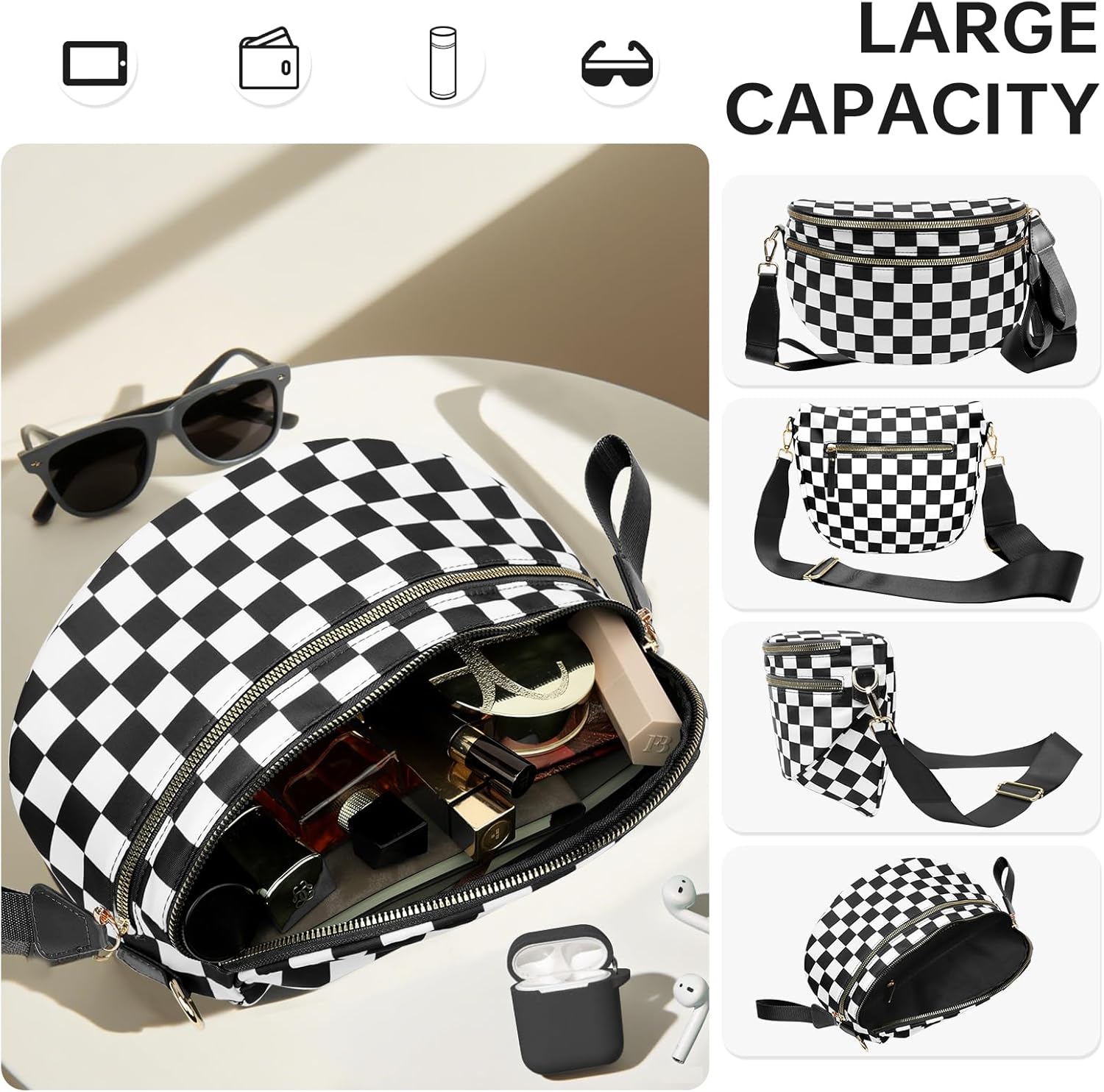 Checkered Crossbody Bag Bum Bag Crossbody Bags for Women Waist Packs Large Fanny Packs Belt Bags Checkered Purse Handbags Wallets Purses Trendy Shoulder Pouch (Checkered Black and White, One Size) - Image 6