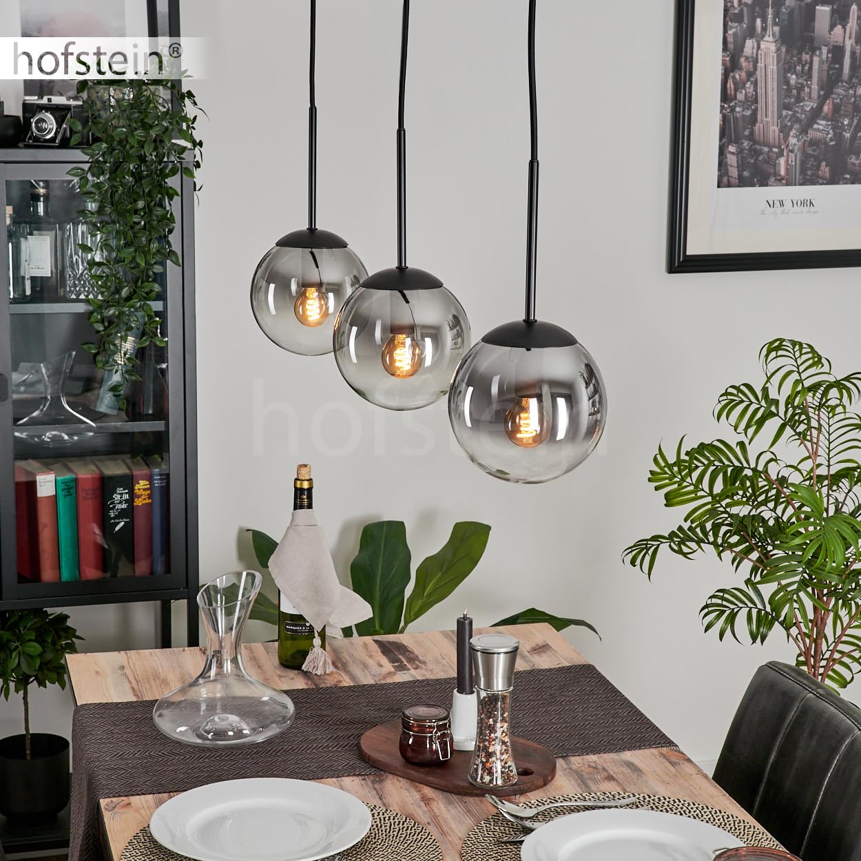 HOFSTEIN Gastor - Lámpara de techo (3 focos, metal y cristal, color negro/ahumado/transparente, moderno, diseño retro, 15 cm de diámetro, E14, para comedor, cocina, salón