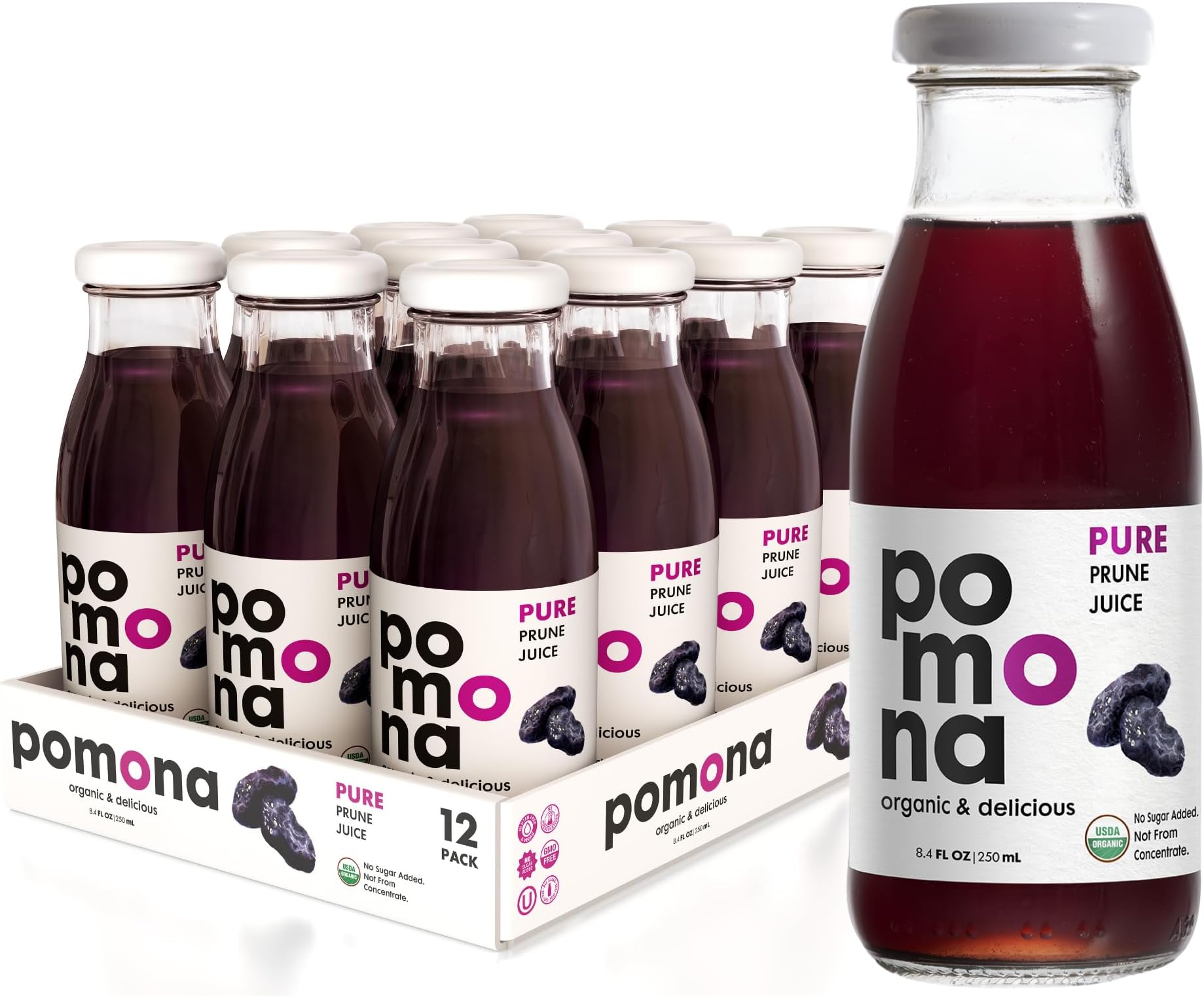 Pomona Organic Juices Pure Prune Juice, 8.4 Ounce Bottle (Pack of 12), Cold Pressed Organic Juice, Non-GMO, No Sugar Added, Not from Concentrate, Gluten Free, Kosher Certified, Preservative Free