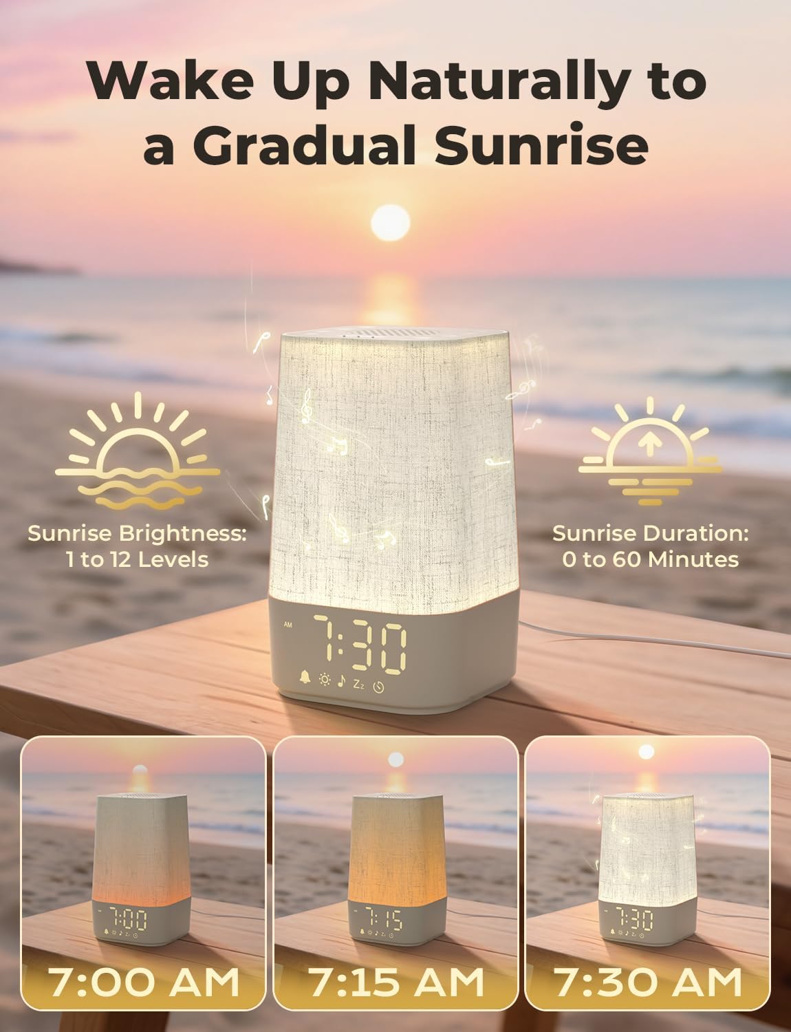 LIORQUE Sunrise Alarm Clock showing gradual light increase from 7:00 AM to 7:30 AM