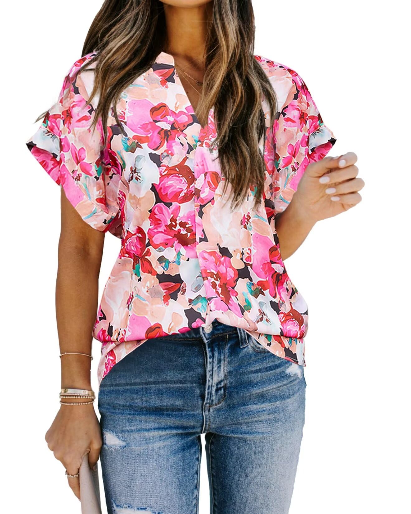 Photo 1 of Allimy Womens Blouses Dressy Casual Summer Short Sleeve V Neck Chiffon Floral Tunics Tops Work Blouses Pink Small