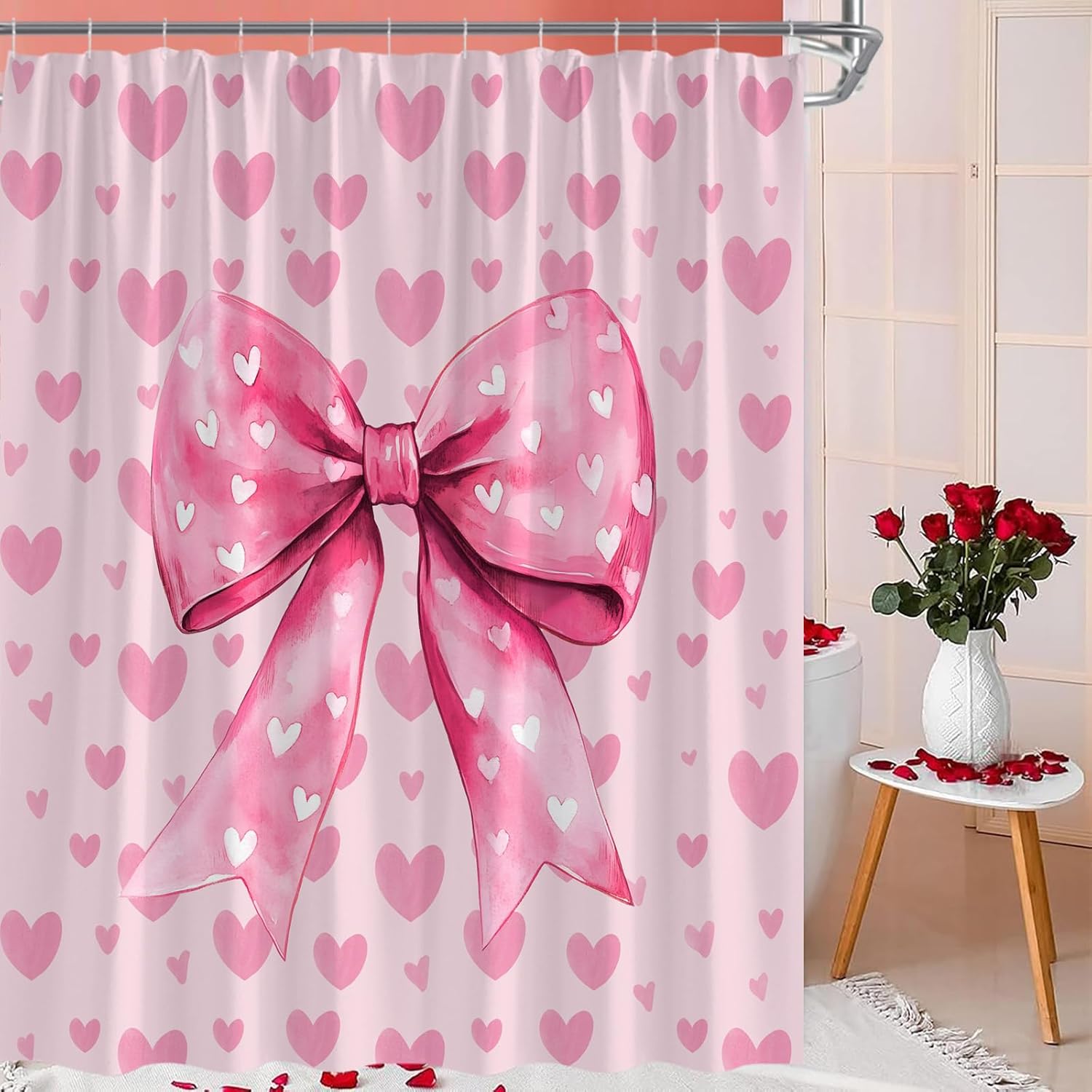 Valentine's Shower Curtain Pink Love Heart Cute Bow Romantic Sweetheart Couple Lover Fashion Modern Fabric Bathroom Curtain Set with Hook,70x78IN