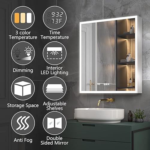 Miniatura 3 de ExBrite Botiquín iluminado de 28 x 32 pulgadas, botiquín empotrado o de superficie, pantalla de temperatura de reloj y habitación, desempañado,