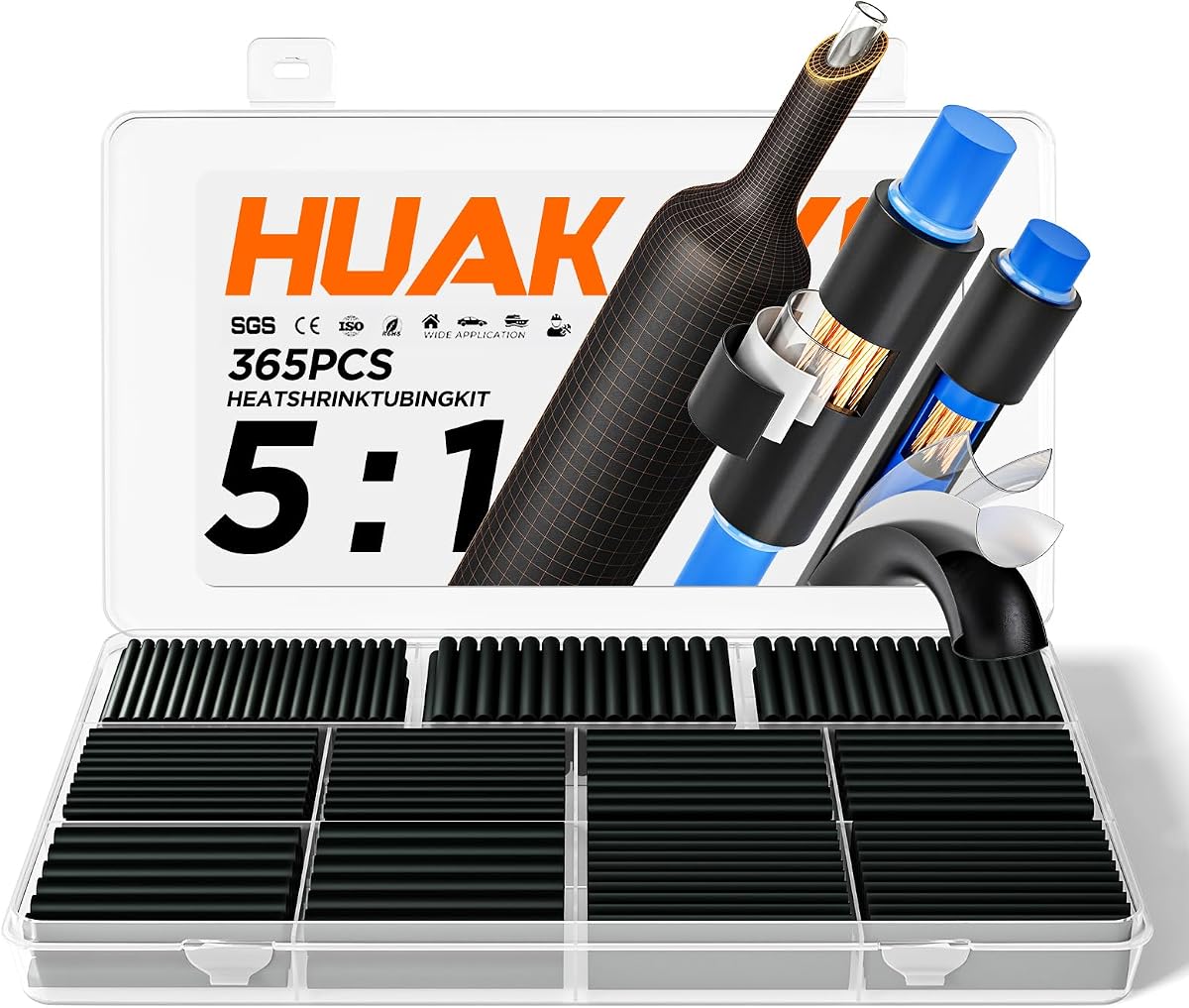 5:1 Heat Shrink Tubing Kit 365 PCS, Industry-Leading 5:1 Ratio Shrink Wrap Tubing Adhesive Lined, Heat Shrink Wire Connectors, Marine Grade Dual Wall, Waterproof Electrical Wire Tube Connectors(Black)