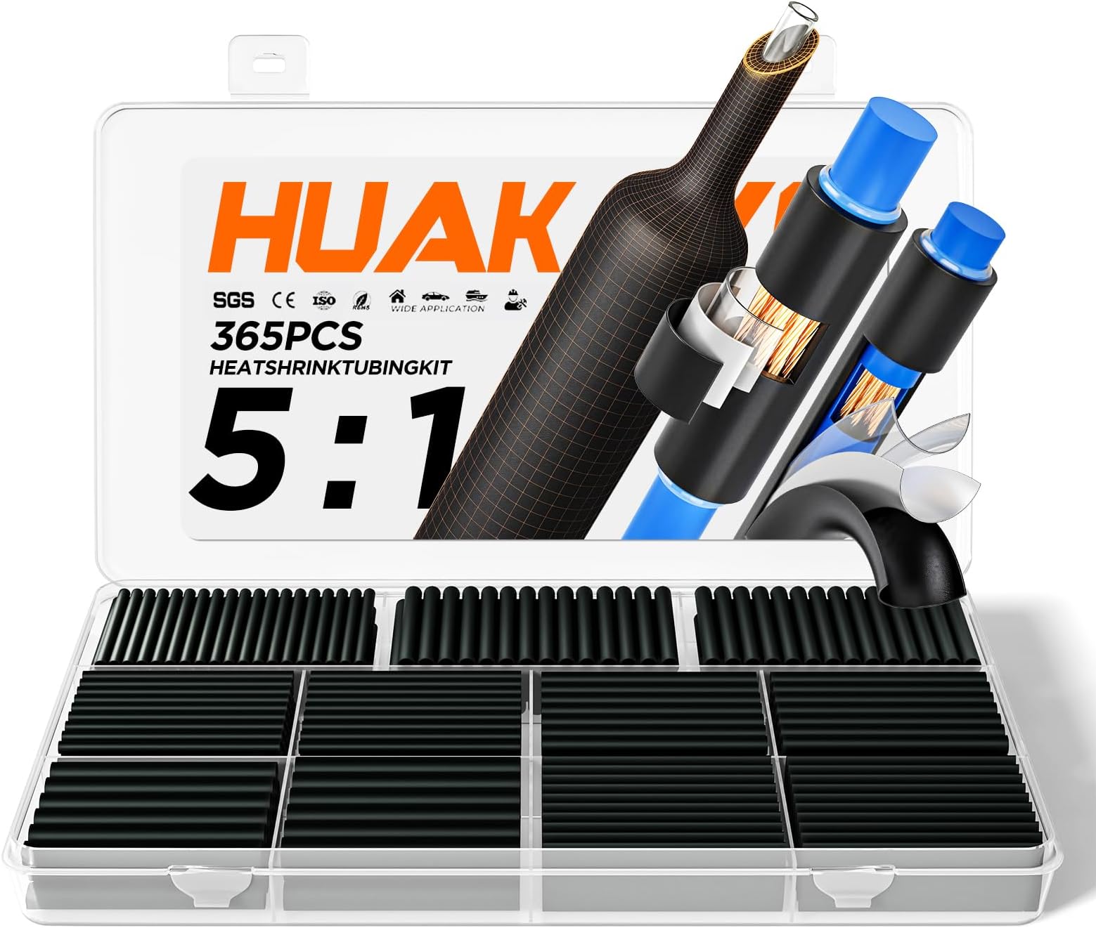 5:1 Heat Shrink Tubing Kit 365 PCS, Industry-Leading 5:1 Ratio Shrink Wrap Tubing Adhesive Lined, Heat Shrink Wire Connectors, Marine Grade Dual Wall, Waterproof Electrical Wire Tube Connectors(Black)