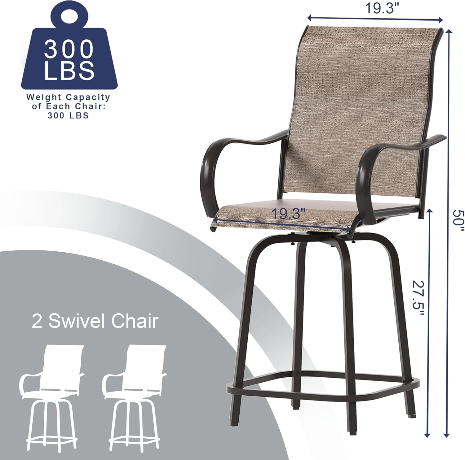 UDPATIO Outdoor Swivel Bar Stools Set of 2,Outdoor High Bistro Stools with Waterproof Textile Fabric,Armrest,Footrest,All Weather Bar Height Patio Chairs for Poolside, Garden, Backyard,Brown