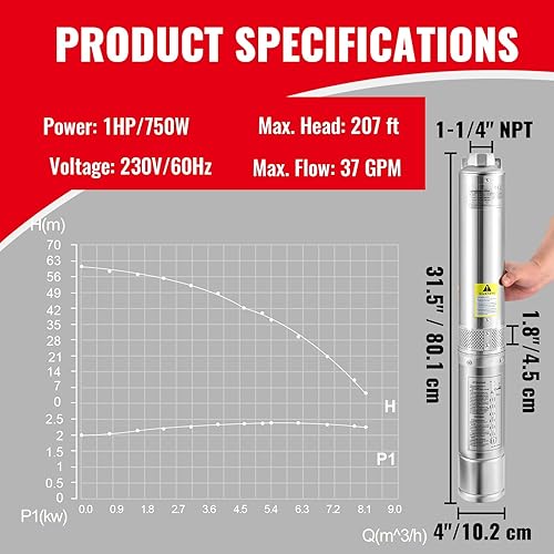 Miniatura 7 de Happybuy Bomba sumergible de pozo profundo 1HP, flujo de 37 GPM, cabeza de 207 pies, cable de 33 pies, acero inoxidable, IP68 impermeable, riego