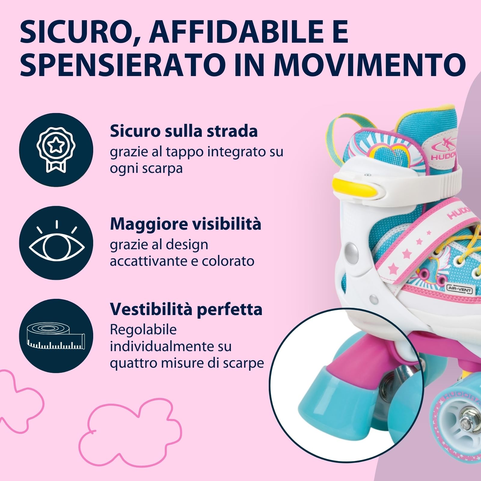 HUDORA Pattini a rotelle Wonders regolabili su 4 misure per bambini fino a 60kg in nylon