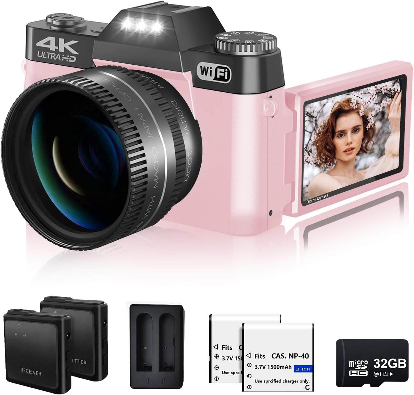 Digital Camera for Photograohy and Video VJIANGER 4K 48MP WiFi Vlogging Camera with 180ยฐ Flip Screen, 16X Digital Zoom, 52mm Wide Angle & Macro Lens, 2 Batteries and 32GB TF Card(W02-Pink32)