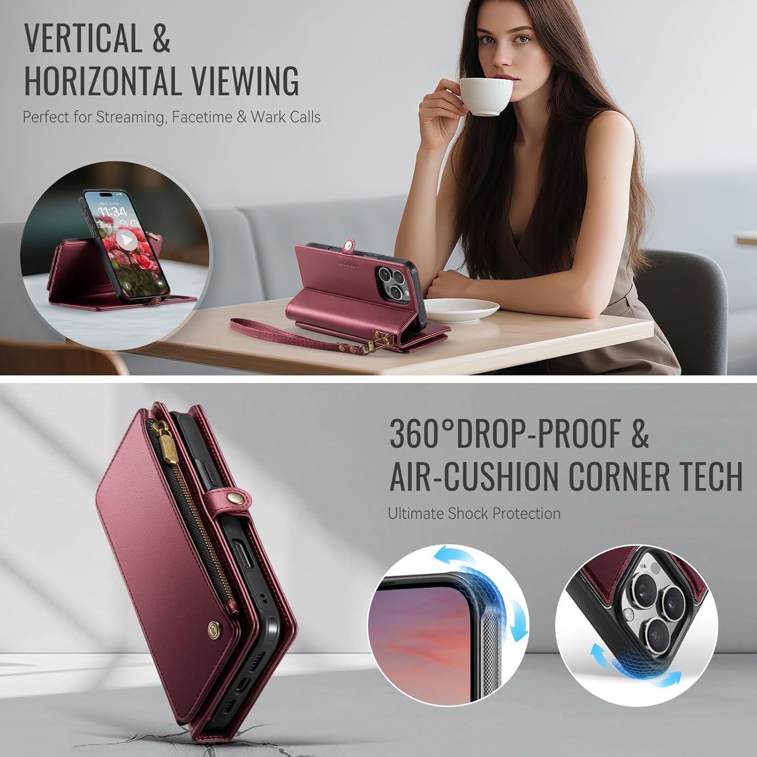 Defencase for iPhone 16 Pro Max Magnetic Wallet Case Compatible with Magsafe with RFID Blocking Zipper Strap Card Holder for Women PU Leather Detachable Case for iPhone 16 Pro Max (6.9"), Wine Red