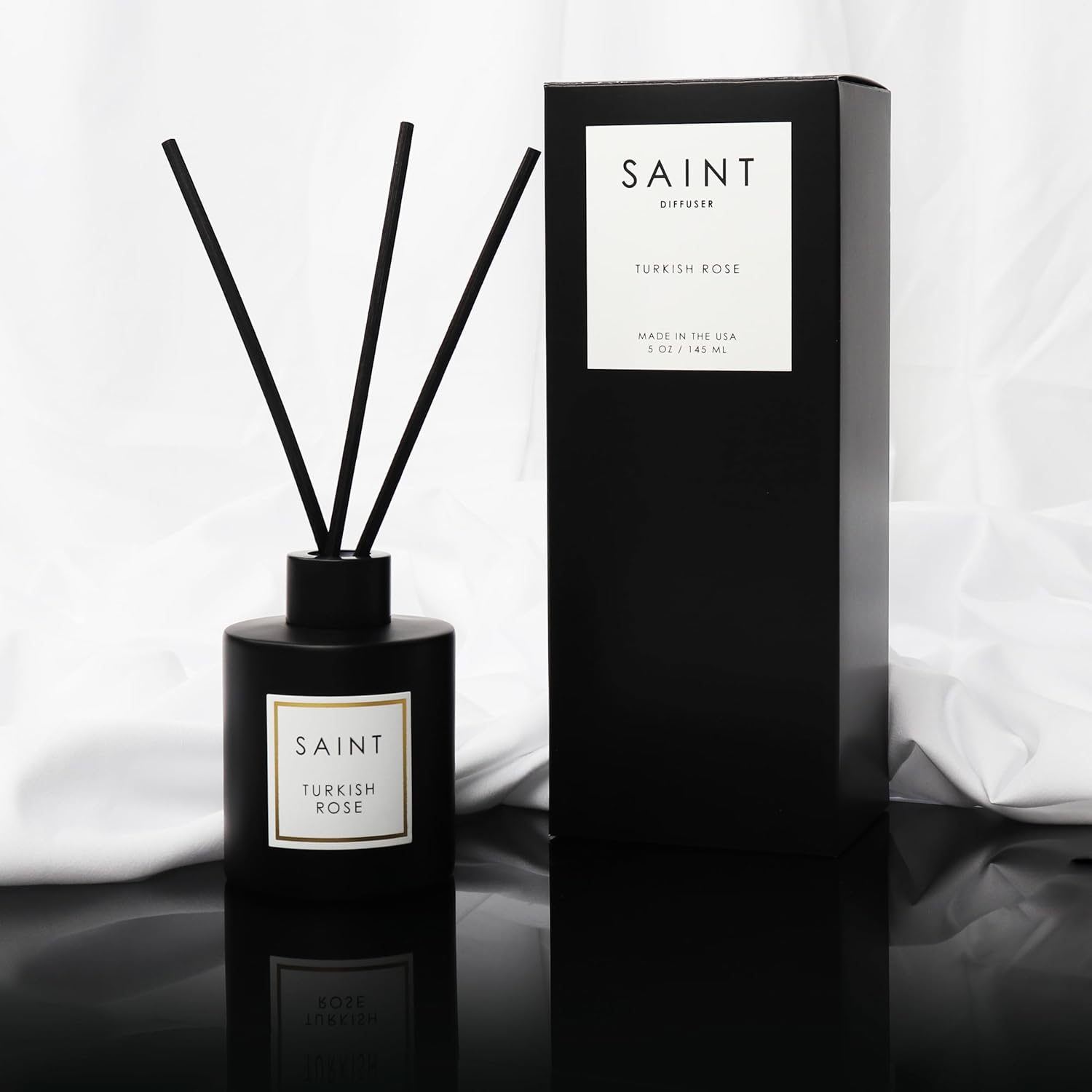 SAINT Reed Diffuser, Aromatherapy Diffuser Set with Scent Diffuser Sticks, Long-Lasting Oil Diffuser in Matte Black Glass Jar, Aroma Diffuser for Home, Bedroom, or Bathroom, 5oz, Turkish Rose