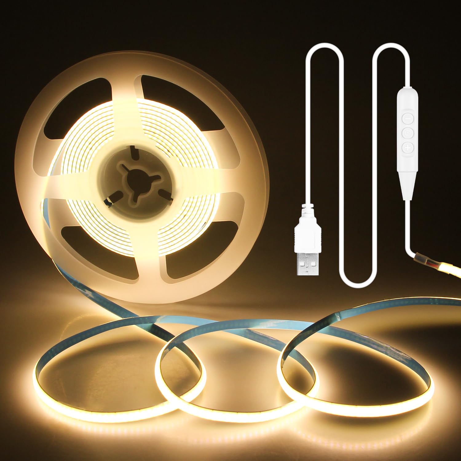 ALITOVE USB COB LED Strip 3 m Dimmable 5 mm Wide 5 V Warm White 3000 K 1200 LEDs Strip Light Self-Adhesive with Switch for Bedroom TV Backlight Wall Kitchen Decor DIY Lighting