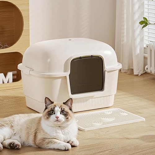 Miniatura 7 de Caja de arena para gatos con alfombrilla de arena y cuchara, cajas de arena cerradas de pared alta para gatos antifugas, caja de arena cubierta para