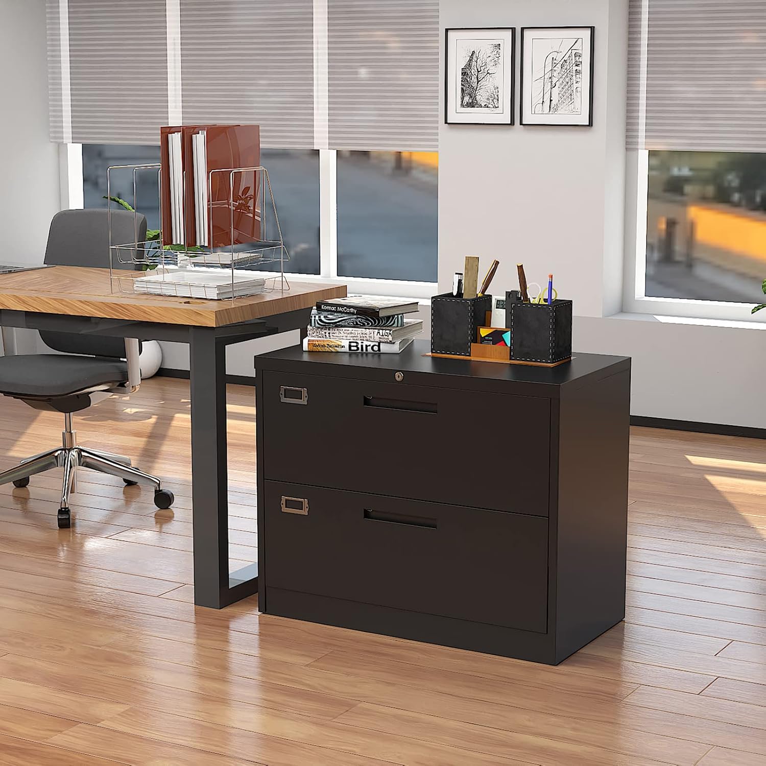 Black and Gray Metal 2-Drawer Lockable Lateral File Cabinet