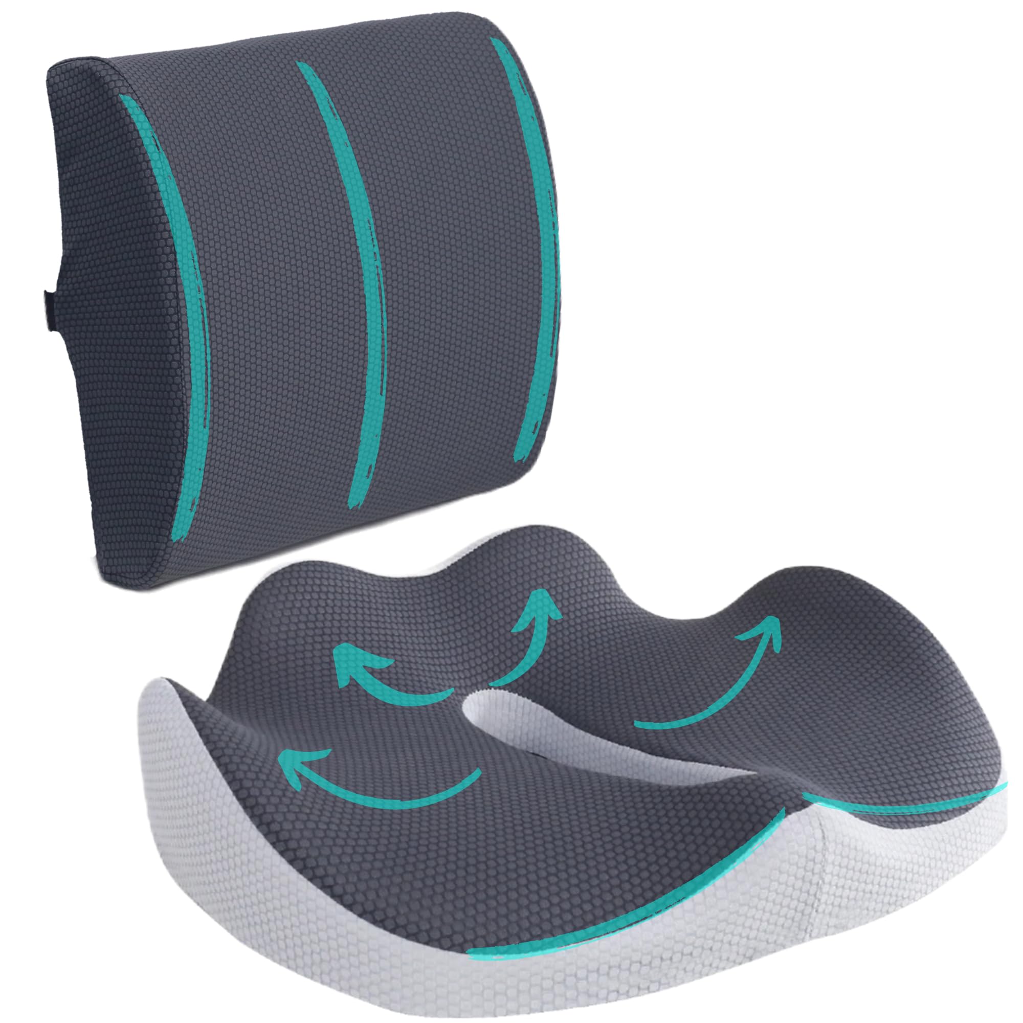 Viuxil Cojin Silla Oficina Lumbar Y Cojín para El Coxis | Alivio Presión Coxis y Respaldo Lumbar - Cojin Ergonómico, Viscoelástico - para Silla Gaming Y Asiento Coche.