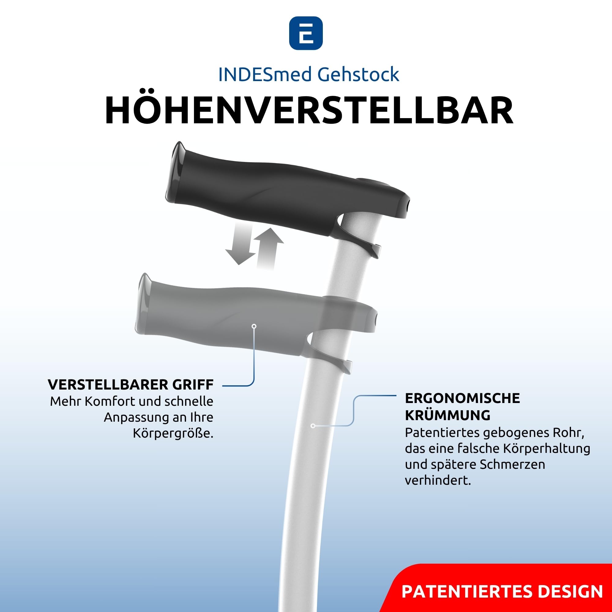 INDESmed Gehstock aus Luftfahrt-Aluminium | Leicht, ergonomisch & höhenverstellbar | Gehstock Damen & Herren – Für Alltag, Reha & Spaziergang – Elegante Gehhilfe - Grau, L
