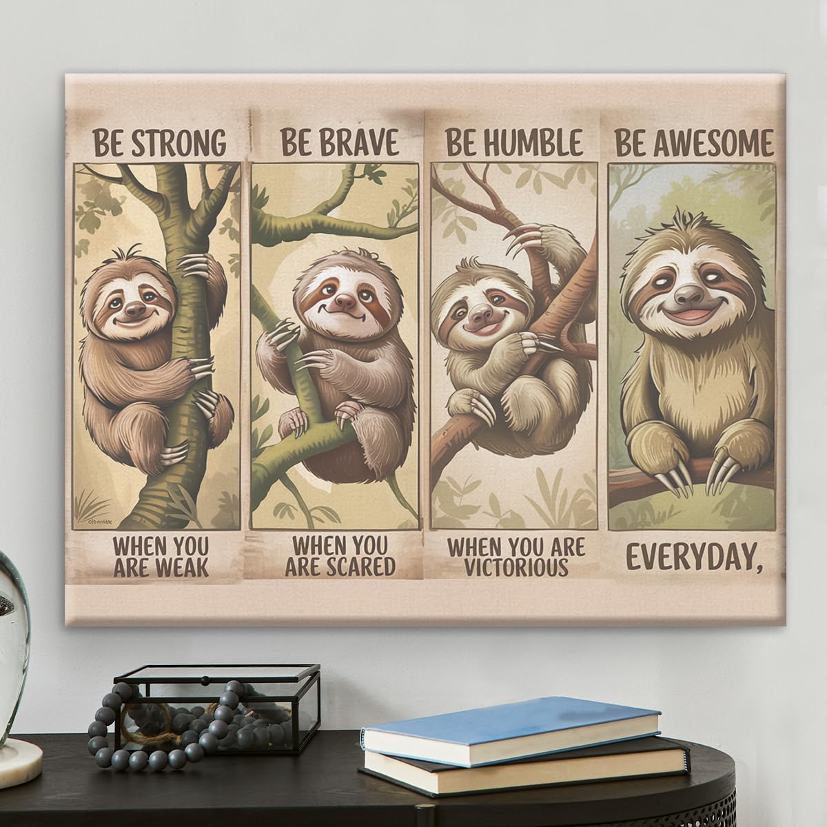 Inspirational Framed Wall Art Decor Be Strong Be Brave Sloth Canvas Print Poster Painting Pictures Funny Animal Artwork for Home Living Room Wall Decoration 8x10 Inches