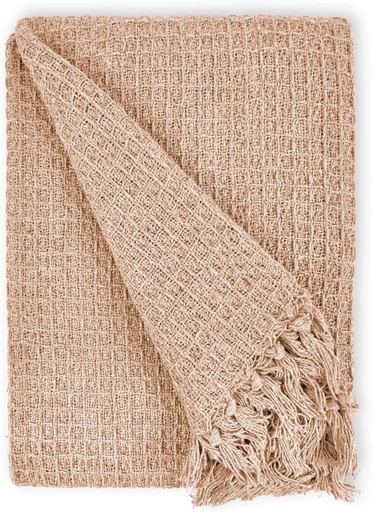 Decorative Waffle Knit Throw Blanket with Tassels, Orange, Cotton
