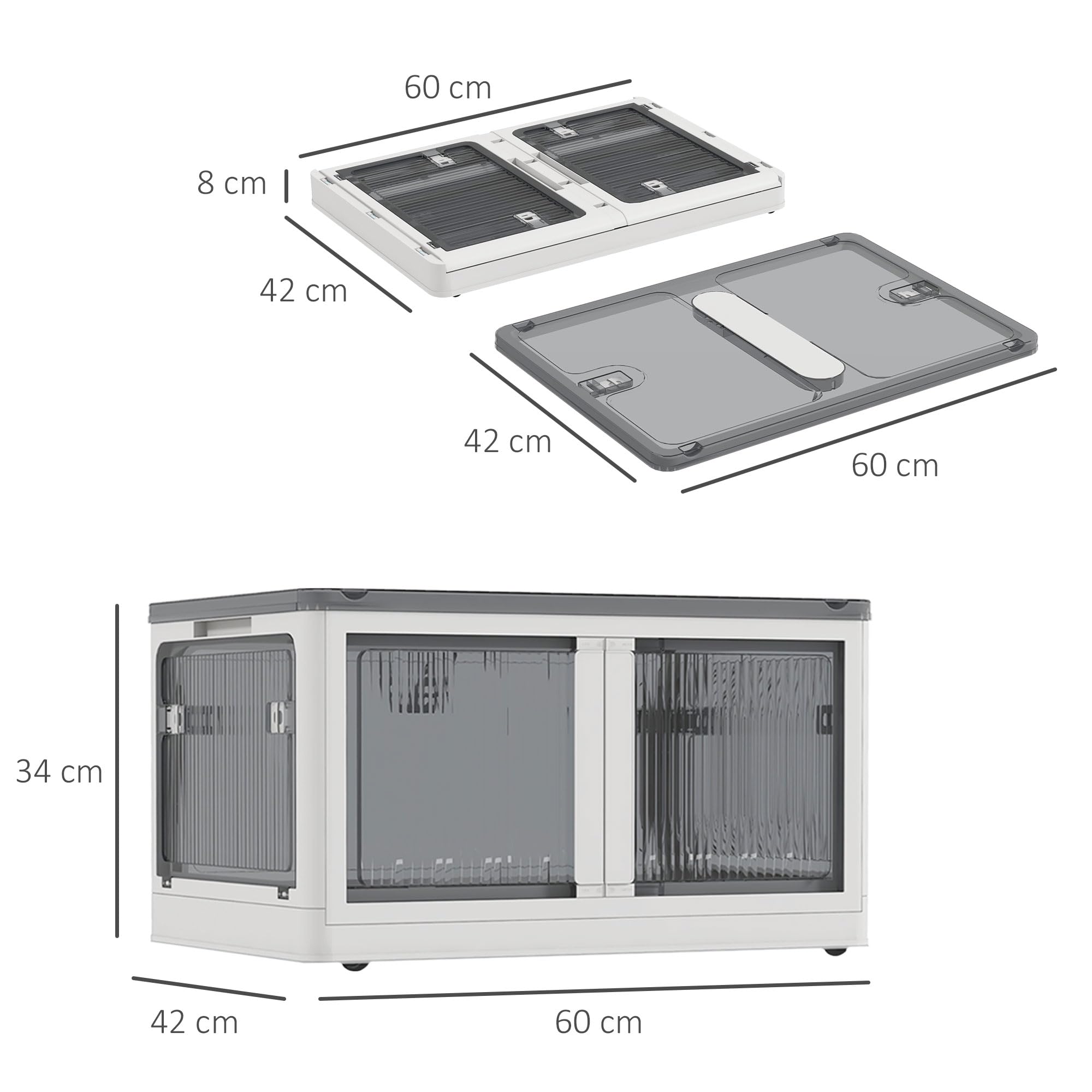 HOMCOM Caja de almacenaje de plástico set de 3 con ruedas cajas plegables de almacenaje, apilables armario organizador para juguetes, ropa, libros blanco, 60cm x 42cm x 34cm | Cajas plegables de almacenamiento, organizador de armario, para juguetes, ropa,
