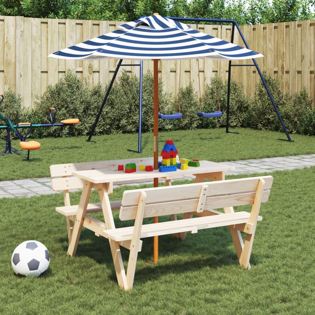 Ombrellone con palo in legno, diametro 120 x 140 cm, piccolo ombrellone da giardino blu e bianco, rotondo con 6 stecche in legno, per terrazza, giardino e tavolo da picnic