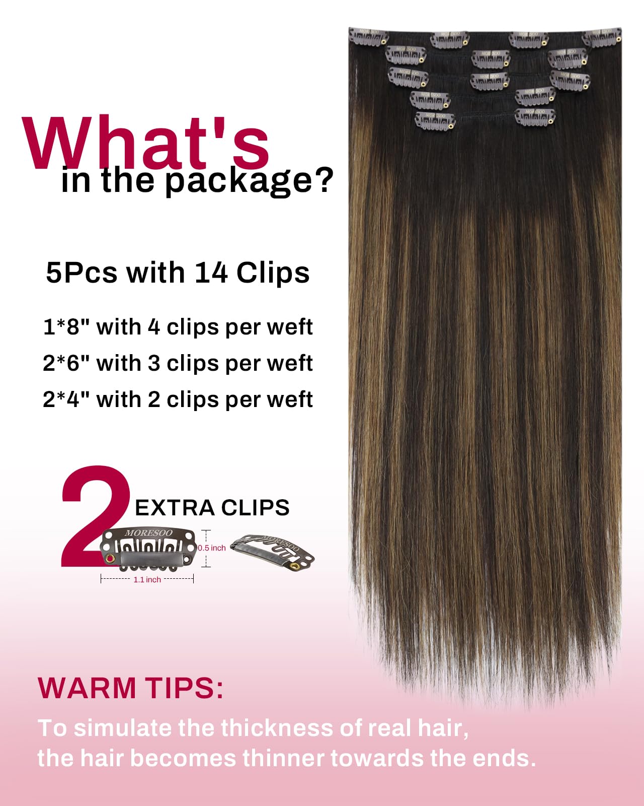 Moresoo Extension Cheveux Naturel Clip Balayage Brun le plus Foncé avec Brun Moyen Extension Clip Cheveux Naturel Remy Lisse Courte #2/6/2 30 cm 5 Pièces 80g