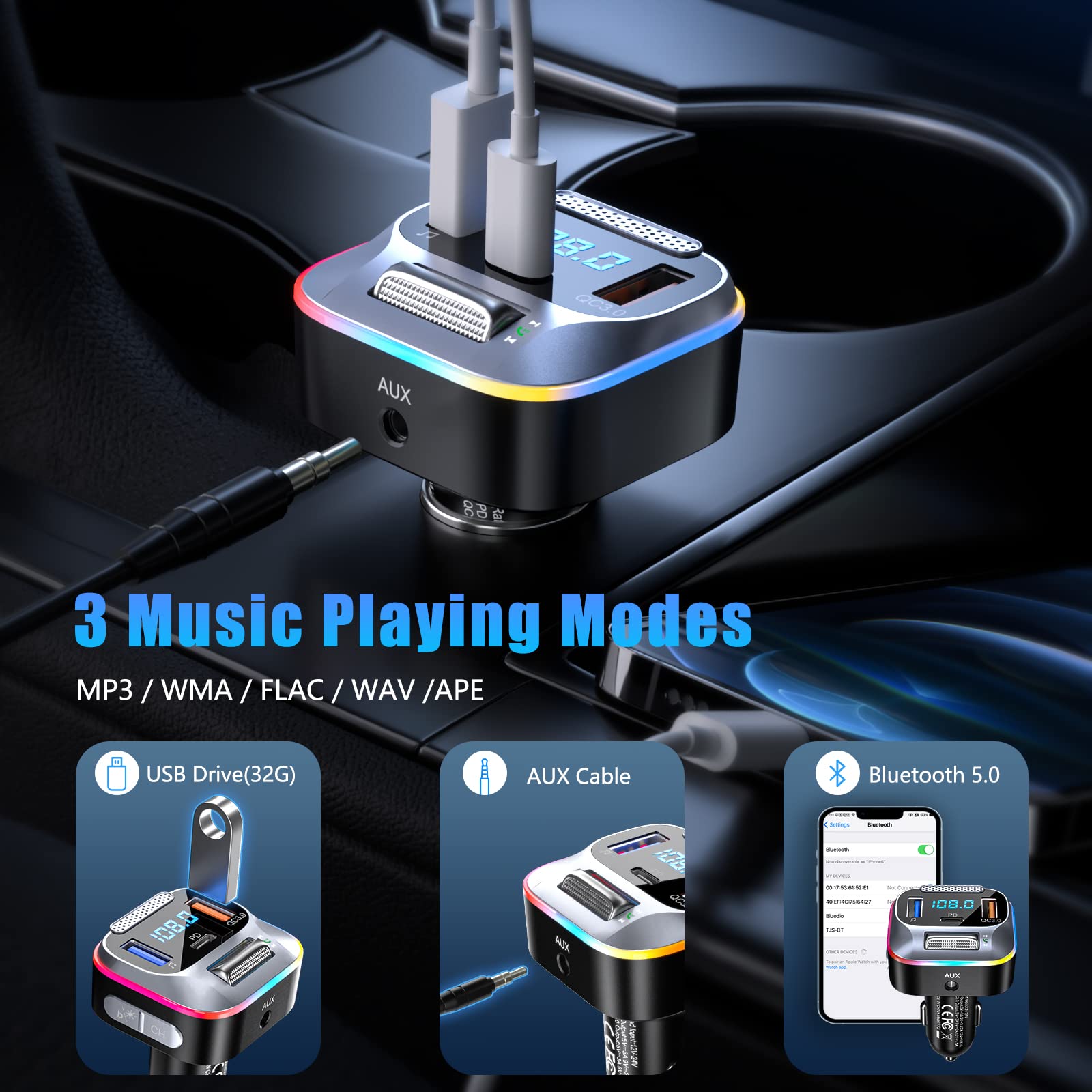 LENCENT Samochodowy Nadajnik FM Bluetooth 5.0, 20W Szybkie ładowarka Samochodowa PD+QC3.0, Adapter Radiowy Bluetooth AUX, Duży Mikrofon, Basy HiFi Obsługa Zestawu Głośnomówiącego Siri Asystent Google