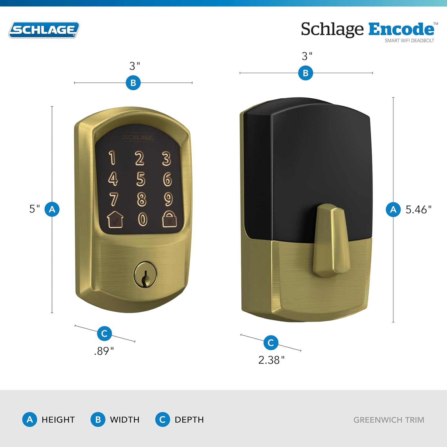 Diagram showing dimensions of the Schlage Encode Smart WiFi Deadbolt