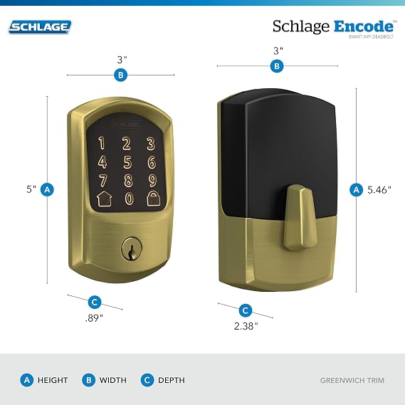 Schlage Encode Smart WiFi Deadbolt Lock with Greenwich Trim, Satin Brass