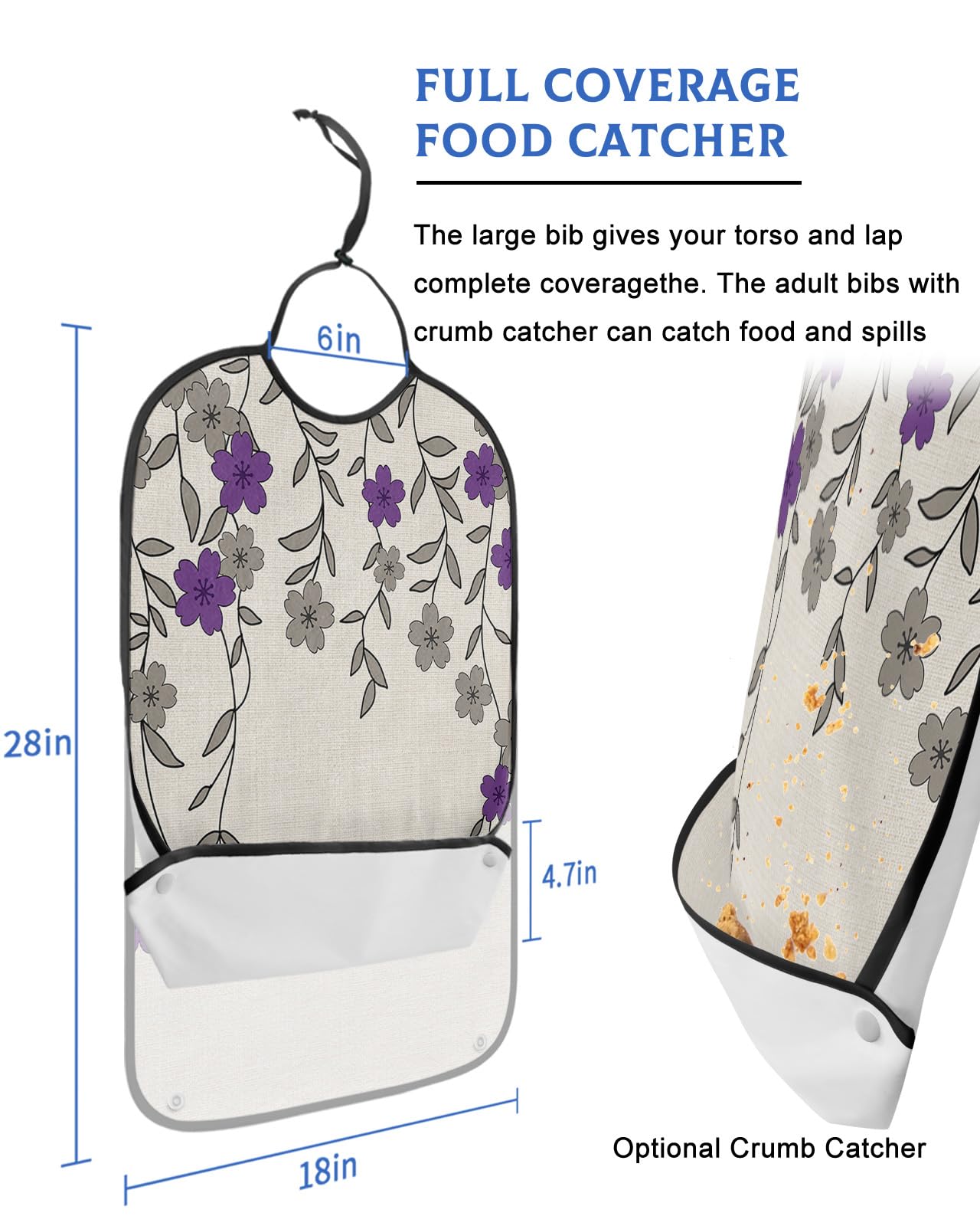 LEOKOTI Purple Grey Weeping Floral Adult Bibs for Eating, Waterproof Bibs with Food Catcher & Adjustable Snap Closure, Chic Summer Botanical Rustic Washable Clothing Protectors Adult Bibs for Elderly