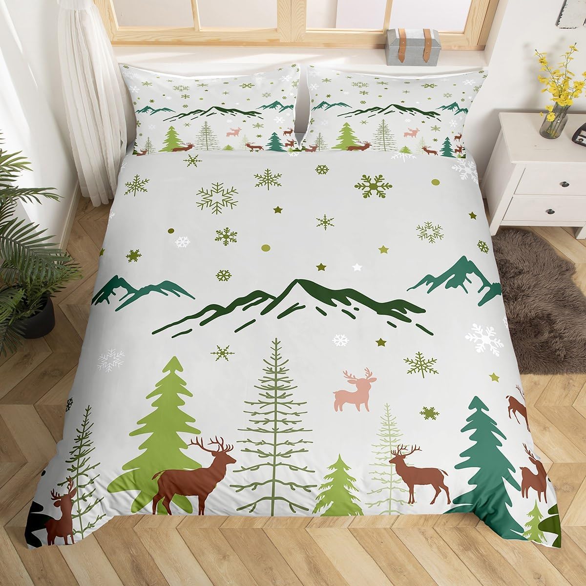 Christmas Snowflakes Duvet Cover Toddler Size Cartoon Elk Silhouette Comforter Cover for Teens Adults Kids Mountain Pine Tree Bedding Set Xmas Theme Animal 2 Pcs Decorative Bed Cover(No Comforter)