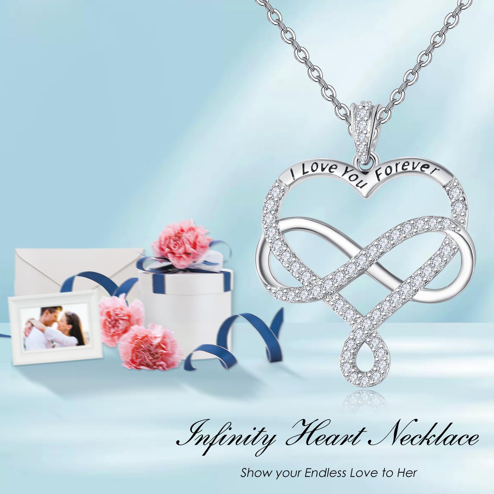 AENEAS Siver - Collana con ciondolo a forma di cuore, da donna, con ciondolo a forma di infinito, idea regalo per fidanzata, moglie, compleanno, 20 pollici, Argento sterling